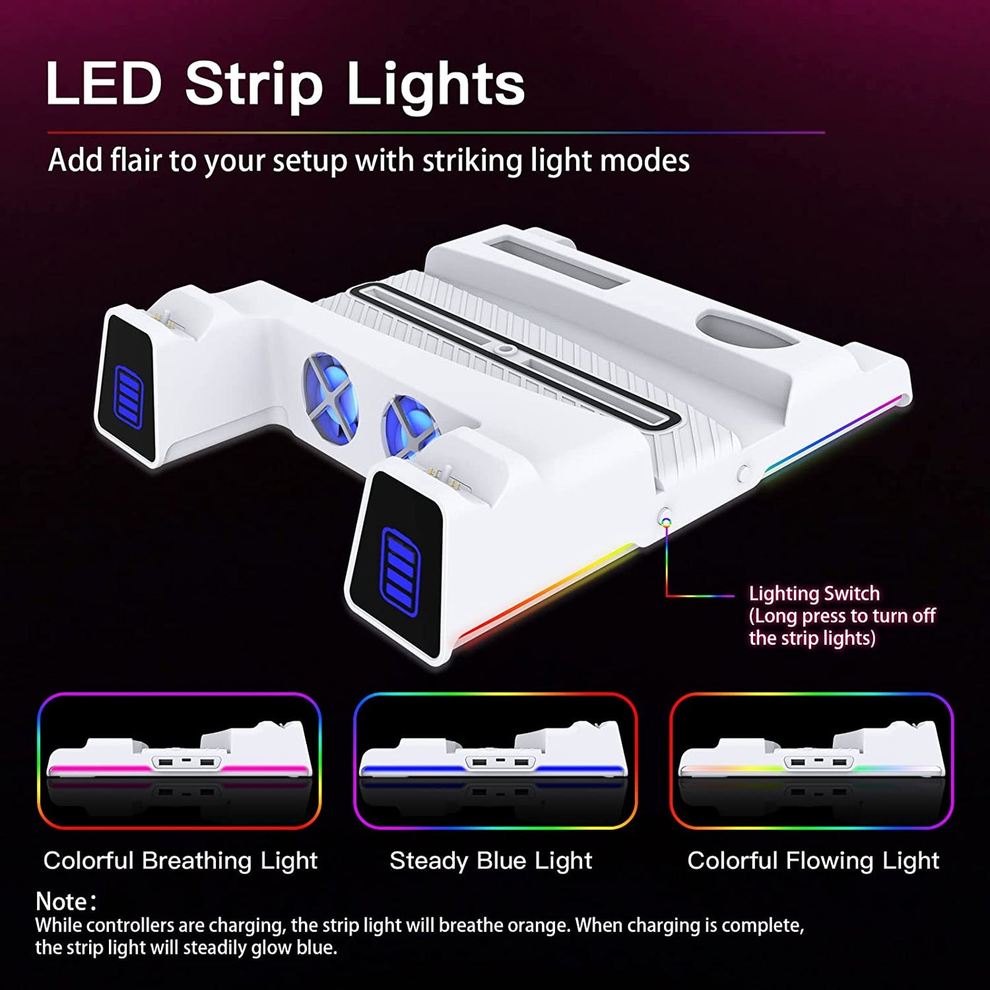 PS5 Silent Cooling Stand with RGB LED Light, Dual Charging Station for Dualsense Edge Controller, Hard Drive Slot, Holders for Headset and Remote, and 10 Game Slots - White