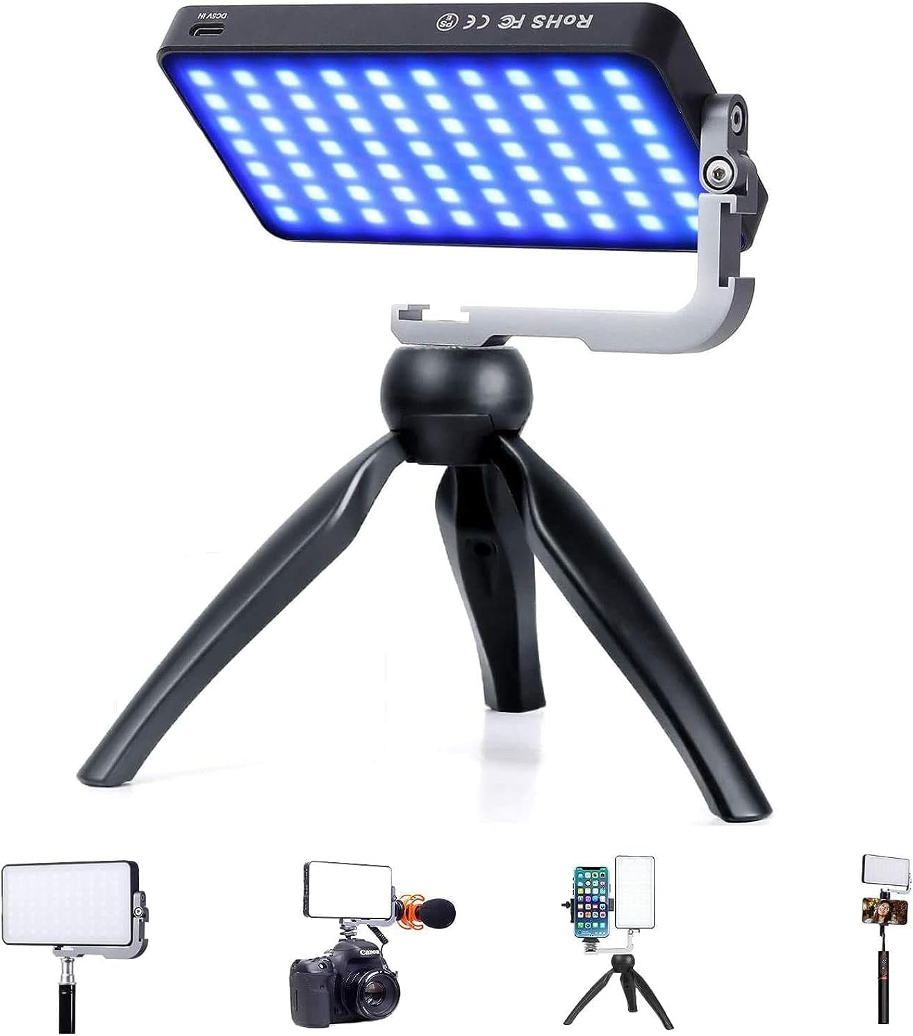 Pocket RGB Camera Light with Rechargeable Battery, Full Color Gamut, and Adjustable Stand