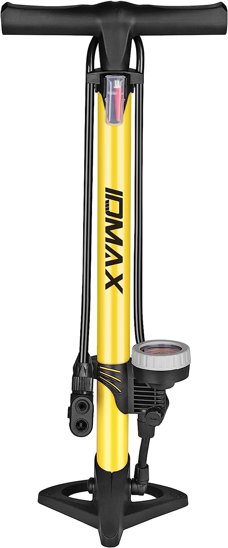Ergonomic Bike Floor Pump - Portable Bicycle Tire Inflator with Gauge & Smart Valve Head - Compatible with Universal Presta and Schrader Valve - Yellow & Black Design.