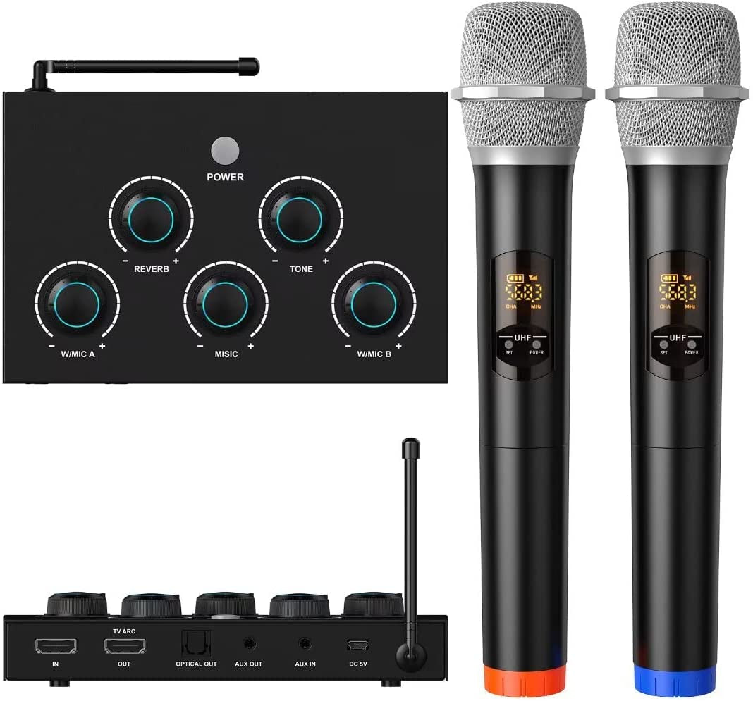 Portable Karaoke Microphone Mixer System Set, with Dual UHF Wireless Mic, HDMI-ARC/Optical/AUX & HDMI in/Out in Singing Receiver for Smart TV, PC, KTV, Home Theater, Amplifier, Speaker