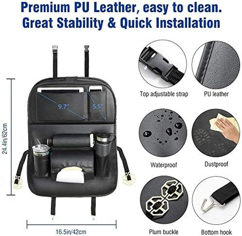 Car Organizer Backseat: Featuring a Foldable Tray Table and 8 Storage Pockets. Made of Waterproof PU Leather, includes Tablet Pocket, Tissue Box, and Car Seat Protector Kids Kick Mat. Multifunctional Car Organizer sold as a 1-Piece set.