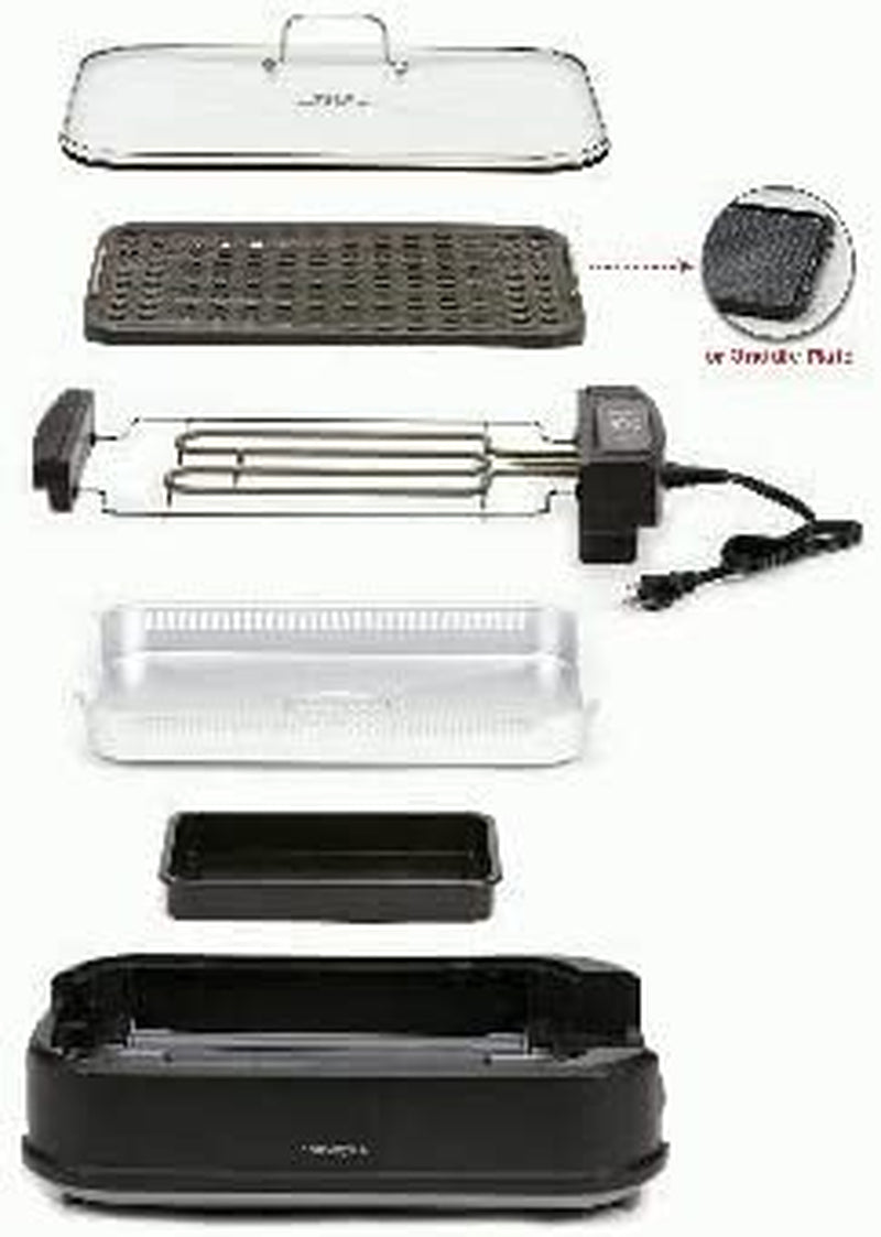 Family Size Smokeless Grill with Tempered Glass Lid, Interchangeable Grill and Griddle Plate, and Turbo Speed Smoke Extractor Technology - Black (PXLSG), Dimensions: 22.1" X 13.2" X 6.1"