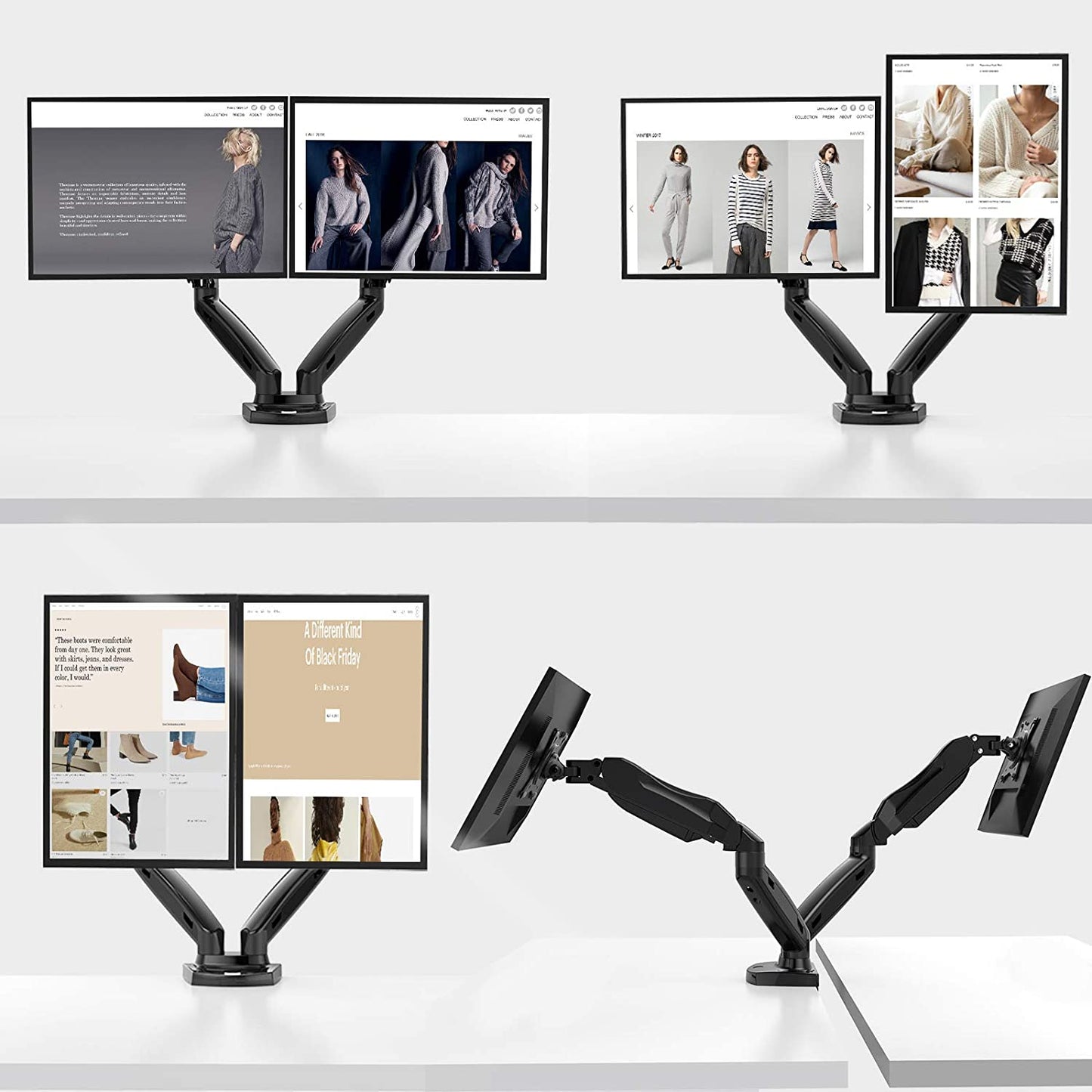 Dual Arm Monitor Mount - Gas Spring Adjustable Desk Mount with VESA Bracket - Compatible with 17 to 27 Inch Computer Screens - Each Arm Supports 4.4 to 14.3 lbs - Mounts Securely via C-Clamp or Grommet Base