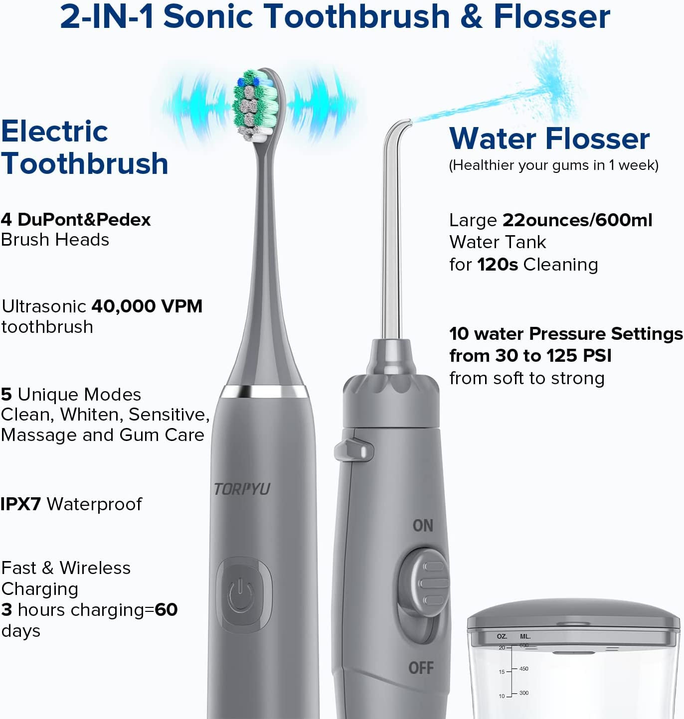 Water Flosser and Toothbrush Combo: 600ml Electric Water Toothbrush with 7 Jet Tips and 4 Brush Heads for Whitening Teeth, Gray Electric Flosser for Effective Teeth Cleaning.