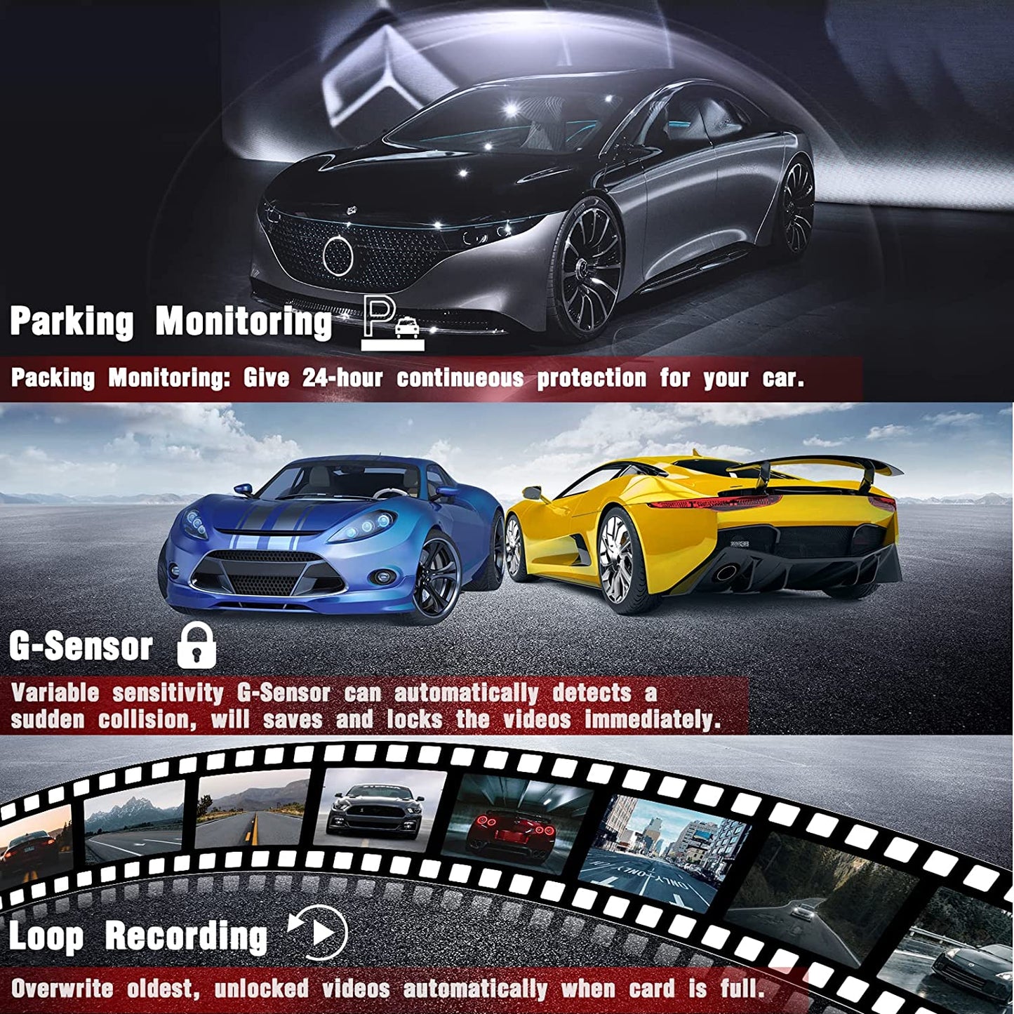 Rotatable Dashcams for Cars with 3 Channel Front and Rear Inside FHD 1080P Dash Cam, SD Card Included, Super Night Vision, Loop Recording, G-Sensor, WDR, and Motion Detection