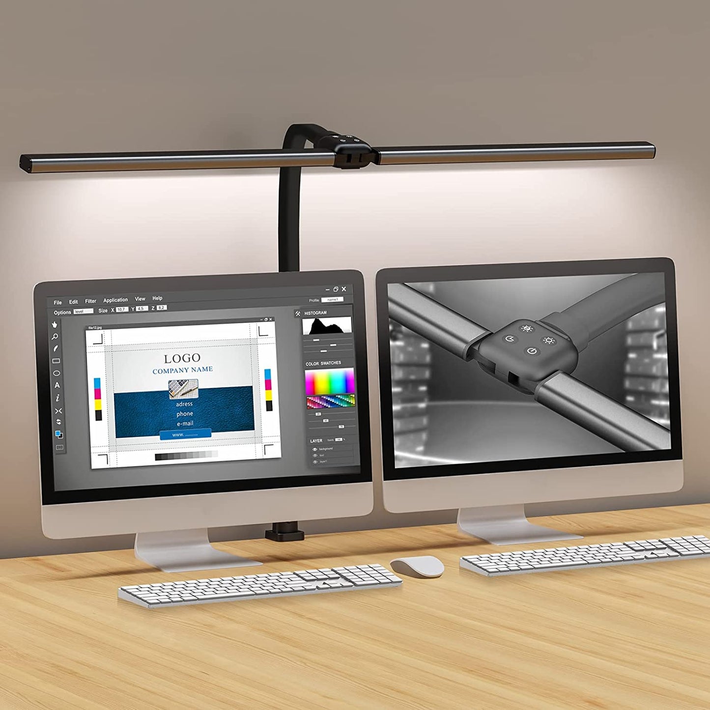 Desk Lamps for Home Office - Wide Double Head Architect Desk Lamp with Clamp, Eye-Caring Computer Monitor Light (32 Inch)