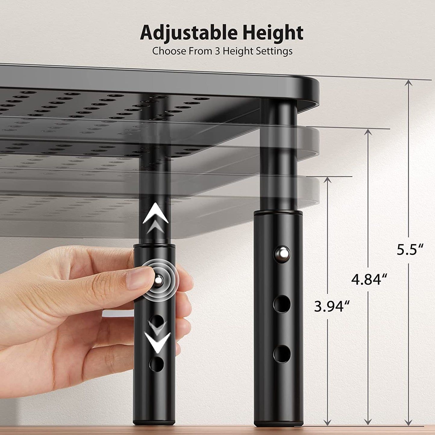 Adjustable Monitor Riser Stand - Height Adjustable Computer Stand with Metal Vented Platform, Underneath Storage, and Desk Organizer for Office and Home Use