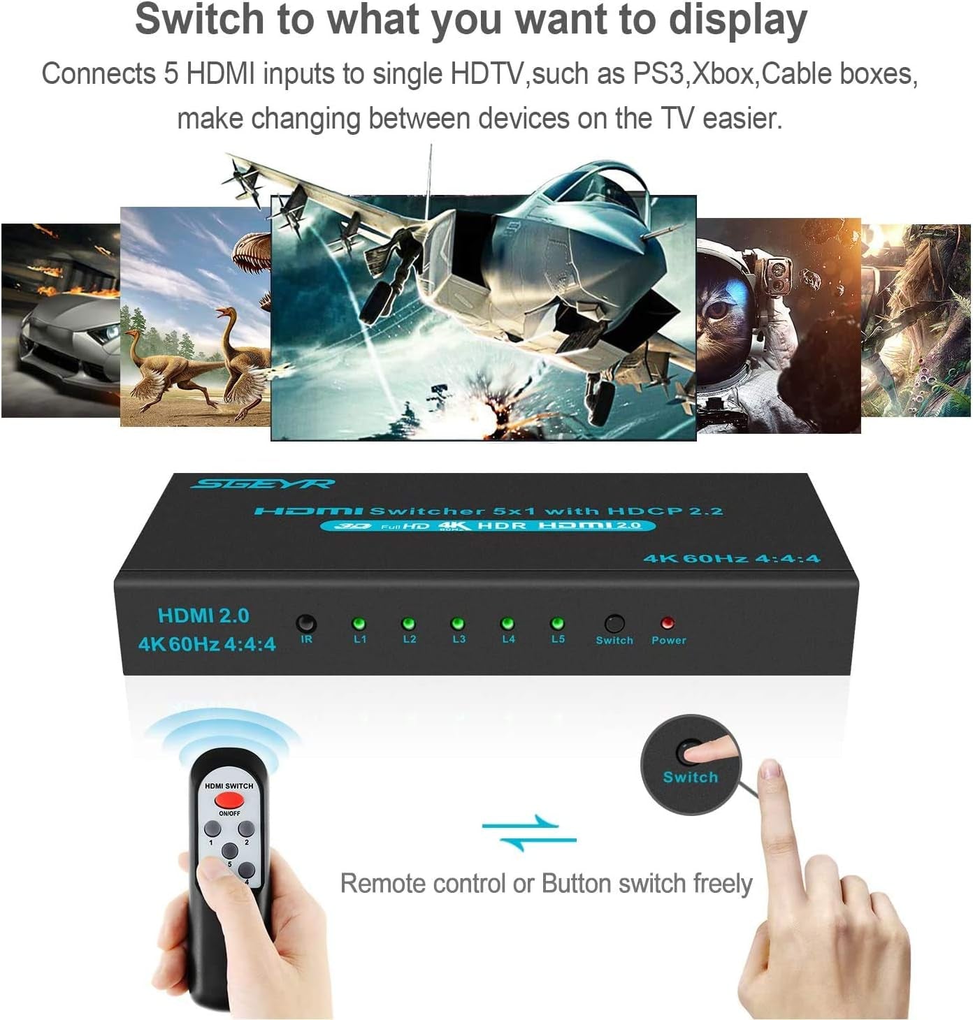 4K HDMI 2.0 Switch 5x1 with HDR Vision, HDCP 2.2, and 3D Support - Compatible with PS4 Pro, UHD TV, Xbox One/360 - Includes IR Remote (4k@60Hz)