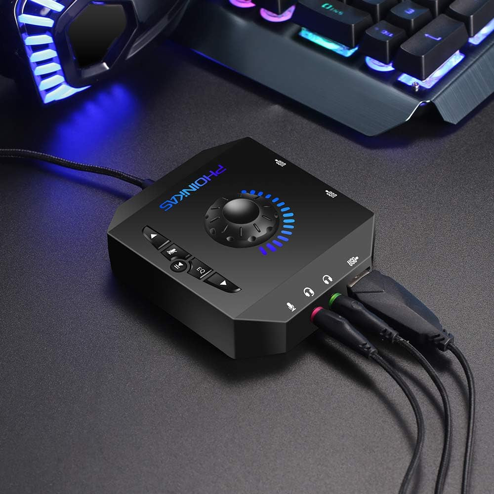 External Sound Card - USB Audio Adapter Compatible with PC (Windows, Mac, Linux), Laptops, and Desktops - Features Stereo Sound with 3.5mm, USB Interfaces, Volume Control, and Plug & Play Functionality - Available in a 6-in-1 Configuration in Black.