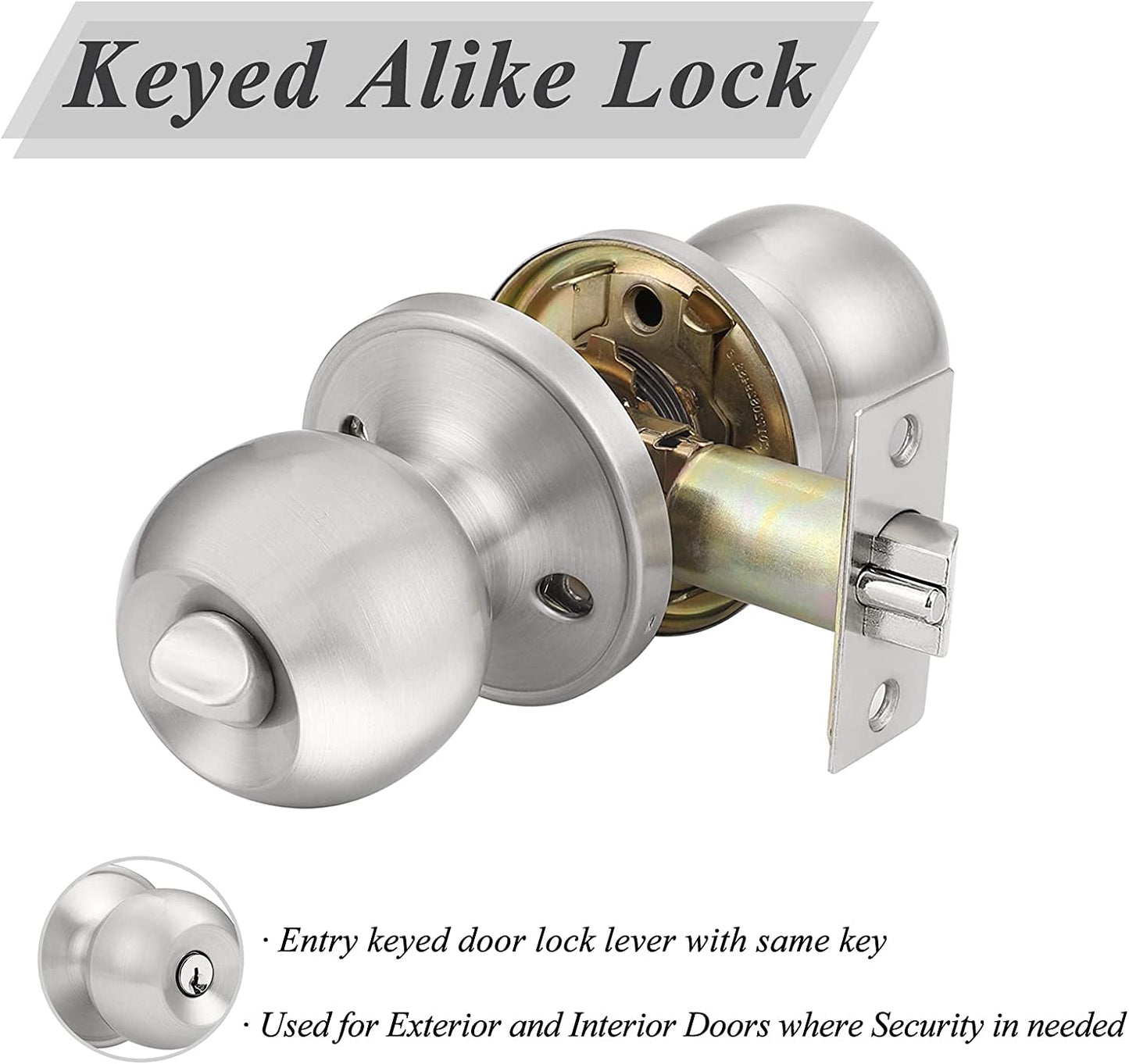 Set of 2 Keyed Alike Entry Door Knobs with Lock and Key - Ball Door Knob Handles with a Brushed Nickel Finish, Ideal for Entrance Door Locksets.