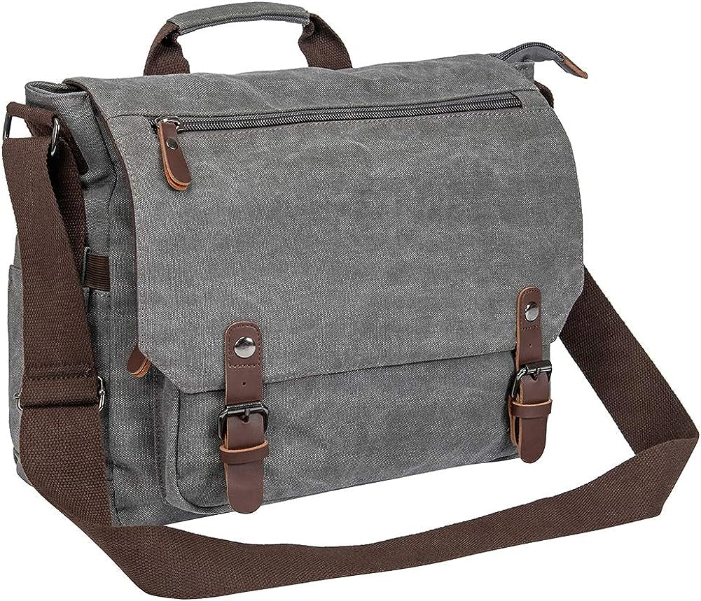 Vintage Genuine Leather and Waxed Canvas Briefcase - Large Satchel Shoulder Bag designed to hold Rugged Computer and 15.6" Laptop.
