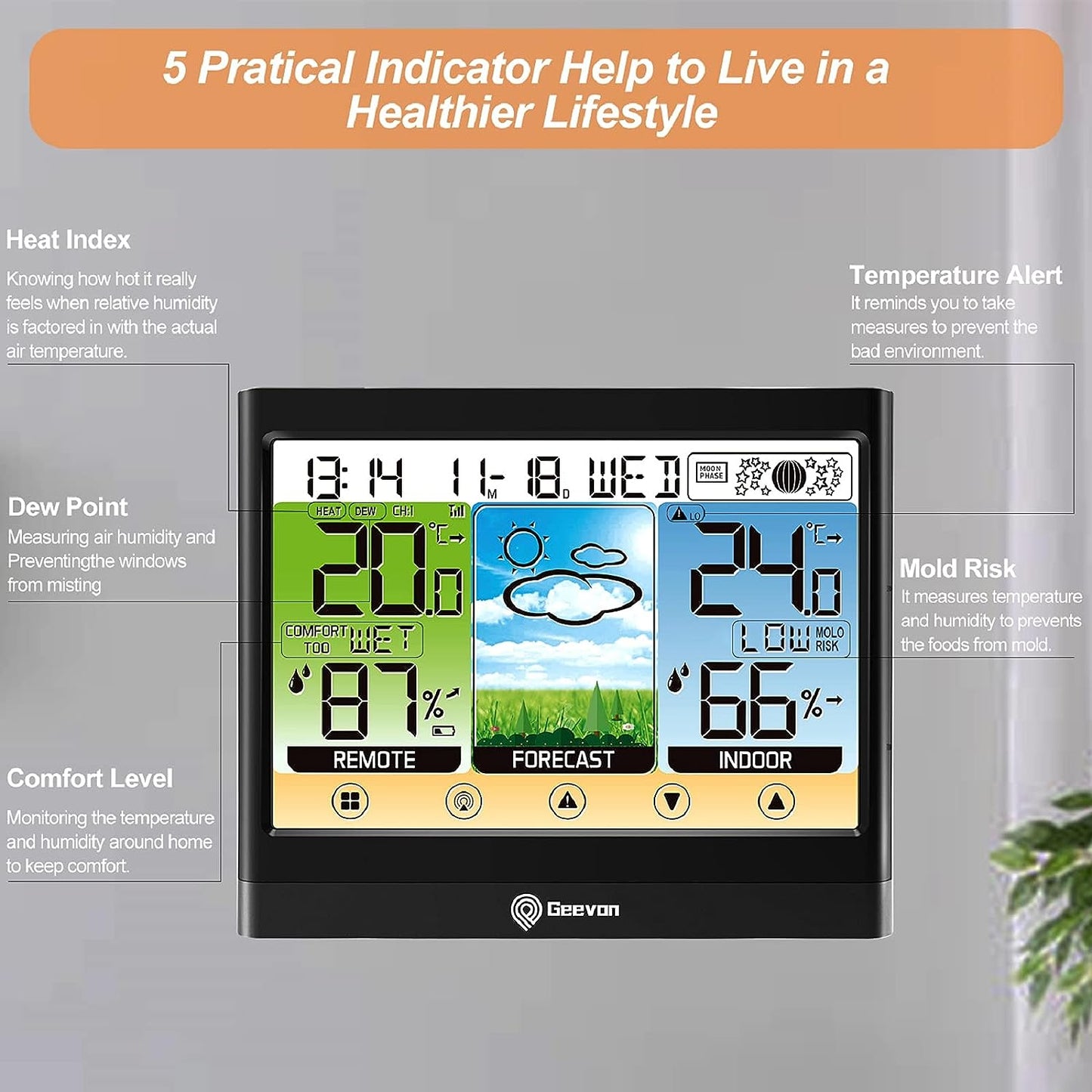 Wireless Indoor Outdoor Thermometer with LCD Touch Display, Heat Index, and Alarm Clock