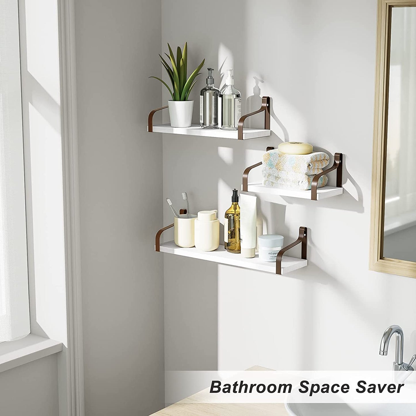 Set of 3 Floating Shelves - Wall Mounted - Rustic Wood Design - Suitable for Bedroom, Living Room, Bathroom, Kitchen, and Office - Features Rustic White/Brown Brackets - Provides Stylish Wall Storage.