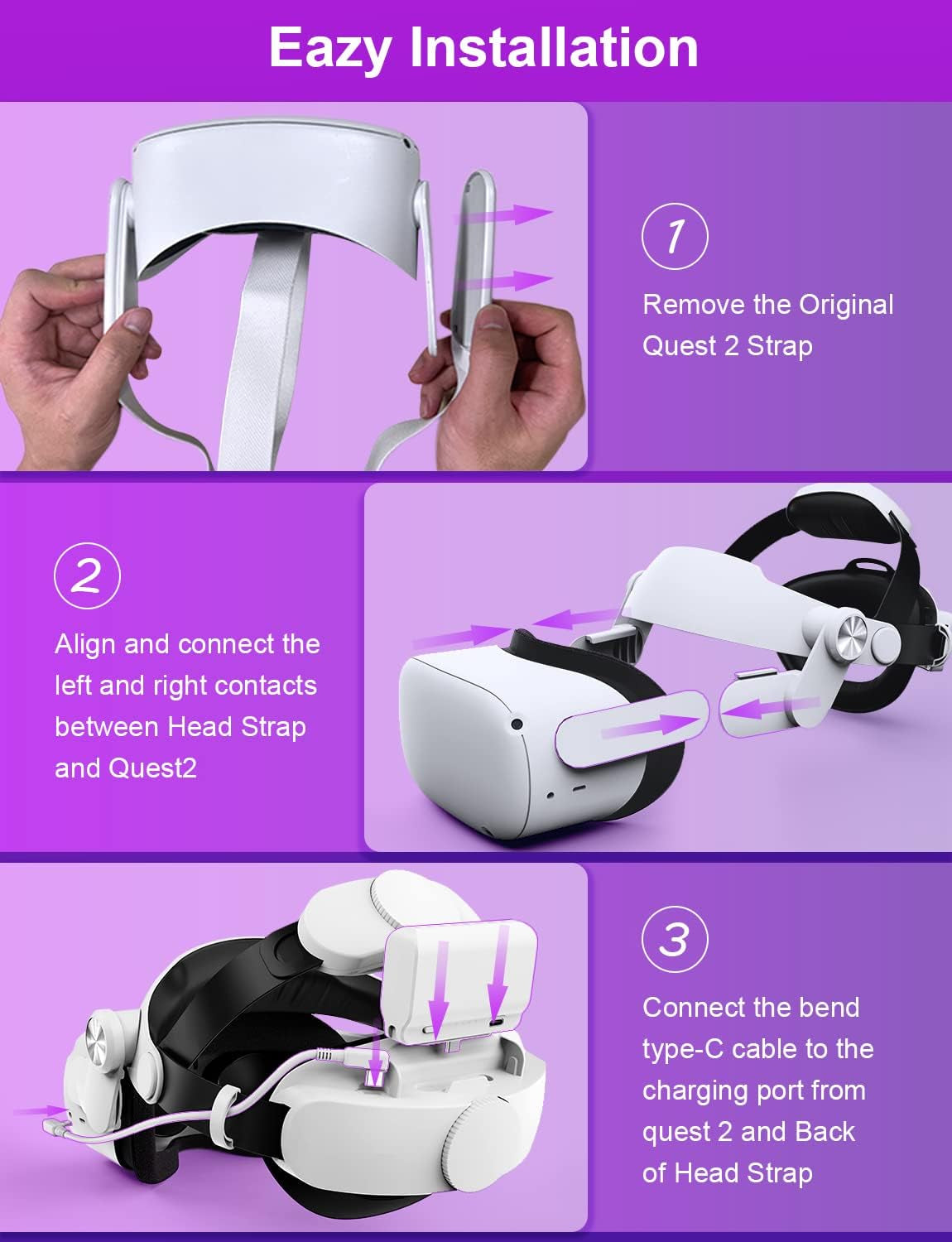 Enhanced VR Head Strap for Meta Quest 2 - Extend Playtime by 4 Hours with 7000mAh Replaceable Battery, Provides Enhanced Support and Comfort in VR Gaming (Patent Pending)