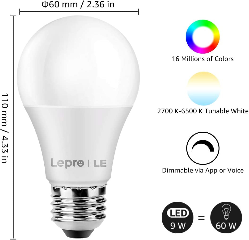 Smart Light Bulb, Wi-Fi Compatible with Alexa and Google Home, Color Changing Light Bulb with APP Control, Dimmable RGB and Tunable White, A19 9W 806Lm E26 LED Bulb, 2.4Ghz Wi-Fi Only, 4 Packs