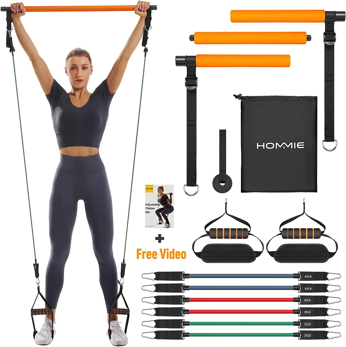 Portable Pilates Bar Kit with Resistance Bands - This upgraded 3-section Pilates bar comes with resistance bands in 20lb, 40lb, and 60lb options. It's suitable for both men and women and supports full-body workouts at home.
