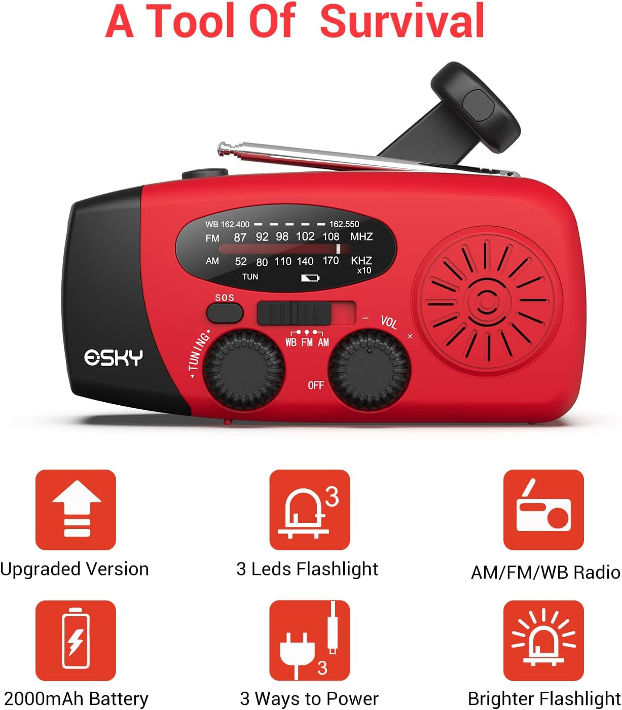 Emergency Weather Radio: Portable AM/FM/NOAA Weather Radio with 2000mAh Power Bank Phone Charger. Solar Powered and USB Charged for Indoor and Outdoor Camping. Includes SOS Alarm and 3 LED Flashlight.
