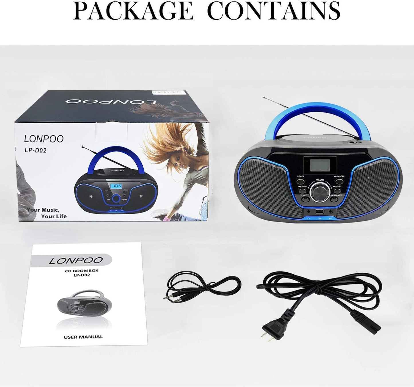 Portable Bluetooth CD Boombox with FM Radio, USB Playback, AUX Input, and Earphone Output - Digital Tuner and High-Quality Music Sound System