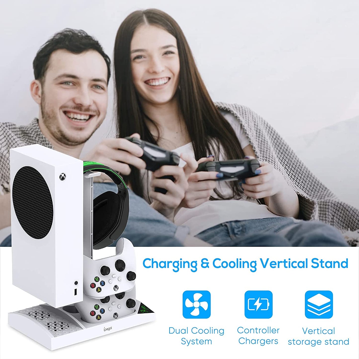 Vertical Charging Dock Station with Cooling Fan for Xbox Series S - Includes 2 x 1400mAh Rechargeable Batteries, Cover, and Earphone Bracket (White)