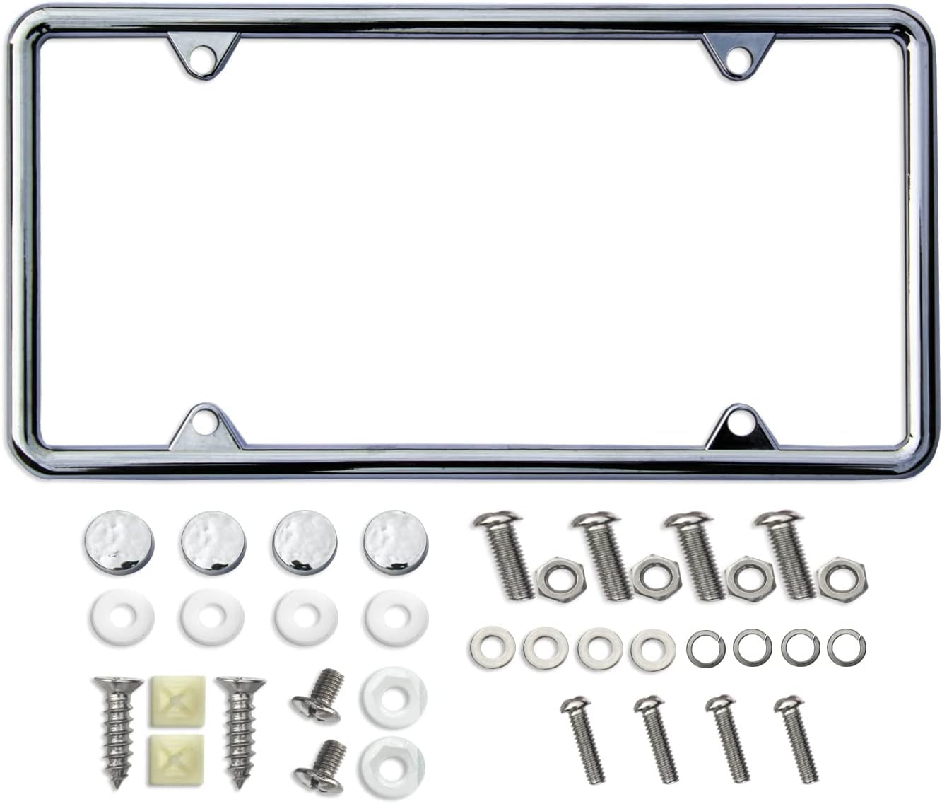 Chromium-Plated License Plate Frame - Made from Zinc Alloy to Prevent Rust, Comes with Stainless Steel Screws and Plastic Caps; 1 Package, Chrome Finish.