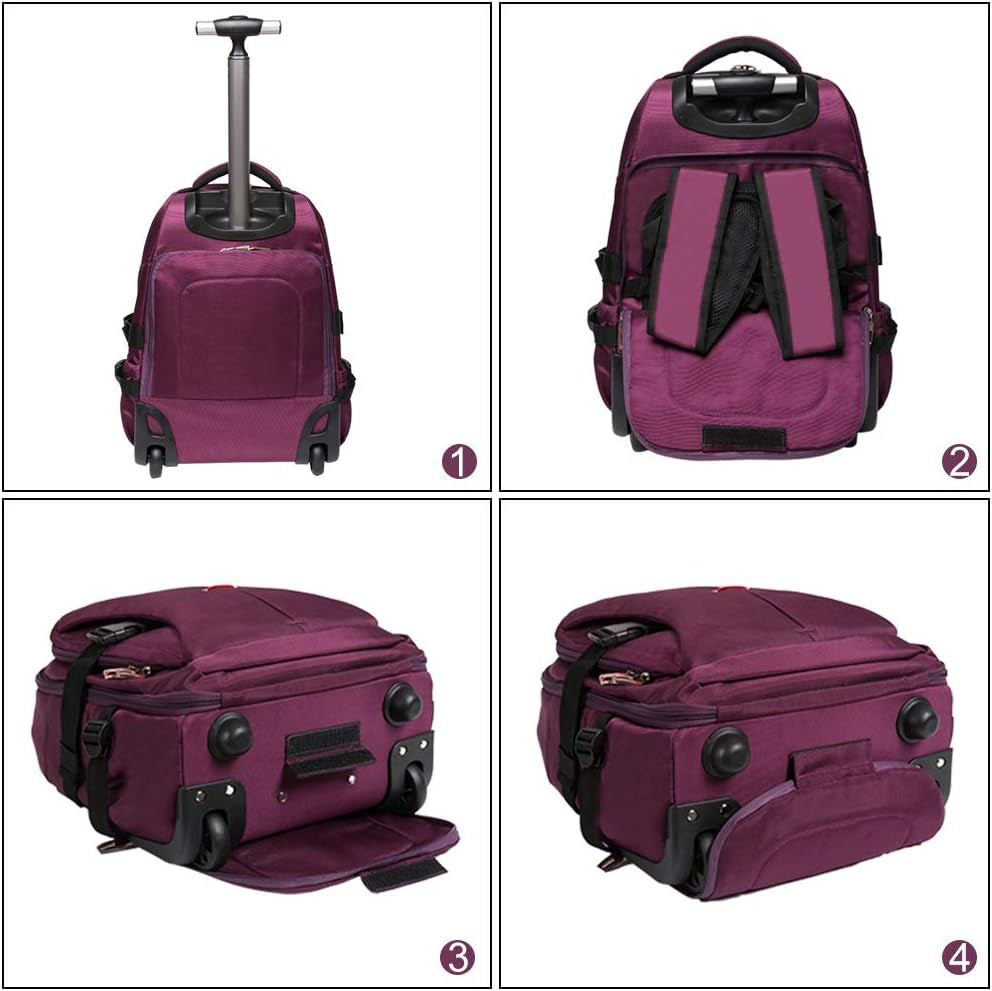 19-Inch Waterproof Wheeled Rolling Backpack for Adults and Students - Laptop, Books, and Travel Backpack Bag in Purple