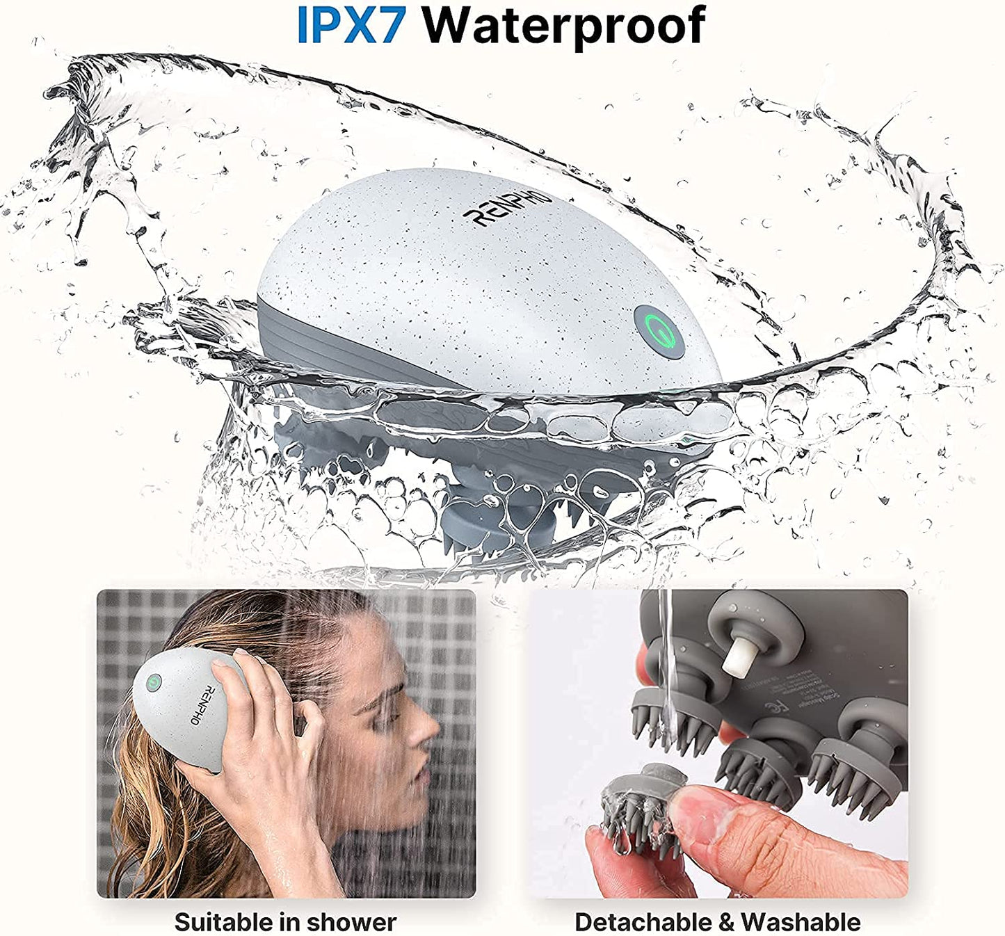 Waterproof Electric Scalp Massager: Portable Head Massager with 4 Replacement Massage Heads for Stress Relief, Deep Cleaning, and Full Body Massage
