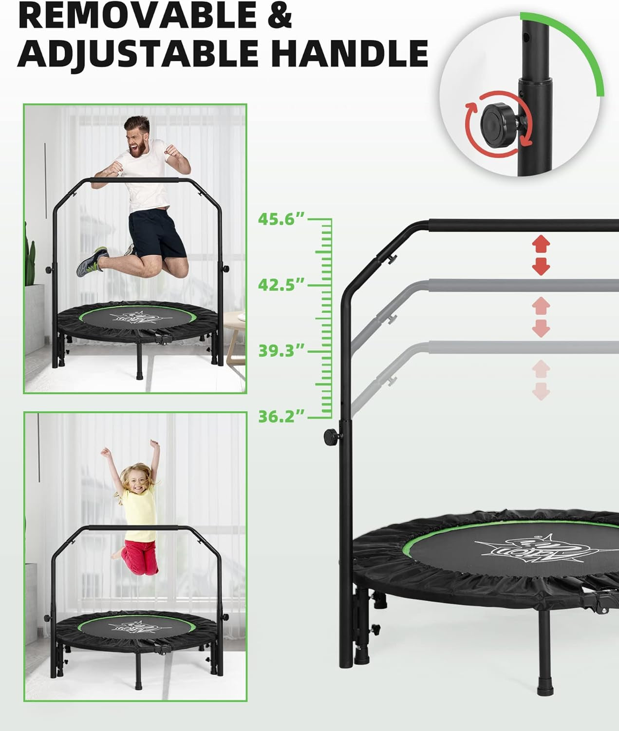 Folding Mini Trampoline with Adjustable Handle, Indoor and Outdoor Rebounder, Small Trampoline with Safety Pad, Maximum Weight Capacity of 220 lbs and 260 lbs