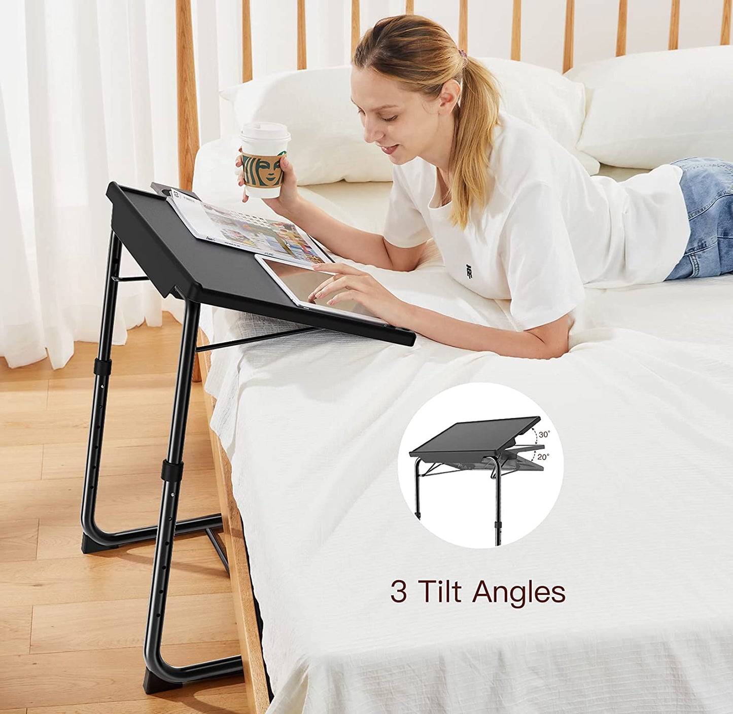 Adjustable TV Tray Table: Perfect for TV Dinners in Bed or on the Sofa. It's a Comfortable Folding Table with 6 Height and 3 Tilt Angle Adjustments, and it includes a Built-in Cup Holder. Pack of 1 in Black
