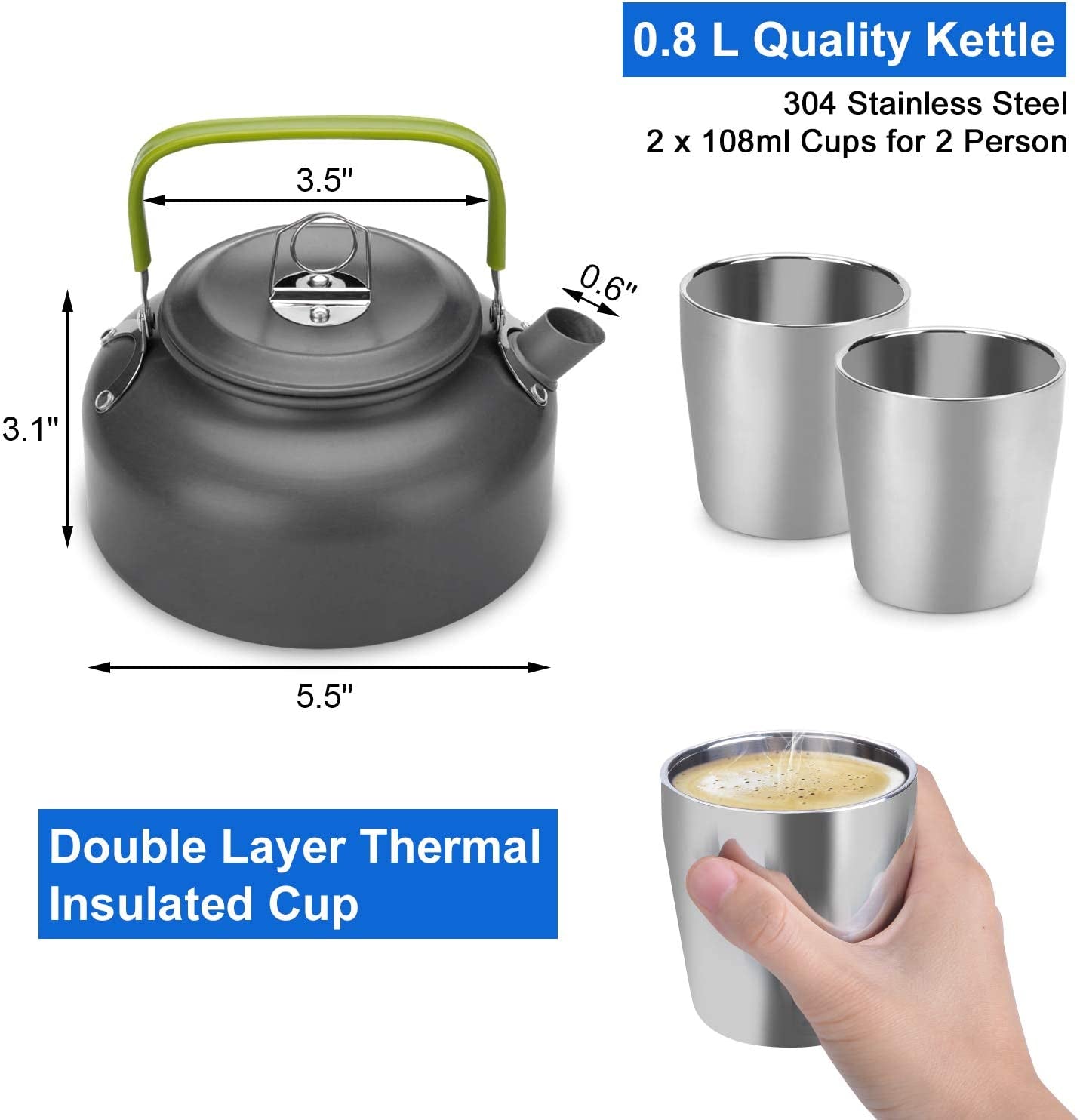 Camping Cookware Mess Kit with Mini Stove and Lightweight Utensils - Pot, Pan, Kettle, Cups, and Cutlery Set for Backpacking, Outdoor Camping, Hiking, and Picnics