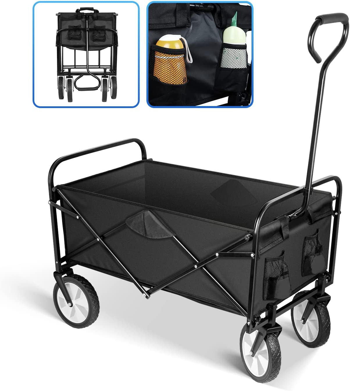 Wagon Rolling Collapsible 360 Swivel Wheels -Garden Cart, Outdoor Camping Folding Wagon Utility, Garden Shopping Cart - Adjustable Handle, 220lbs Weight Capacity - Black