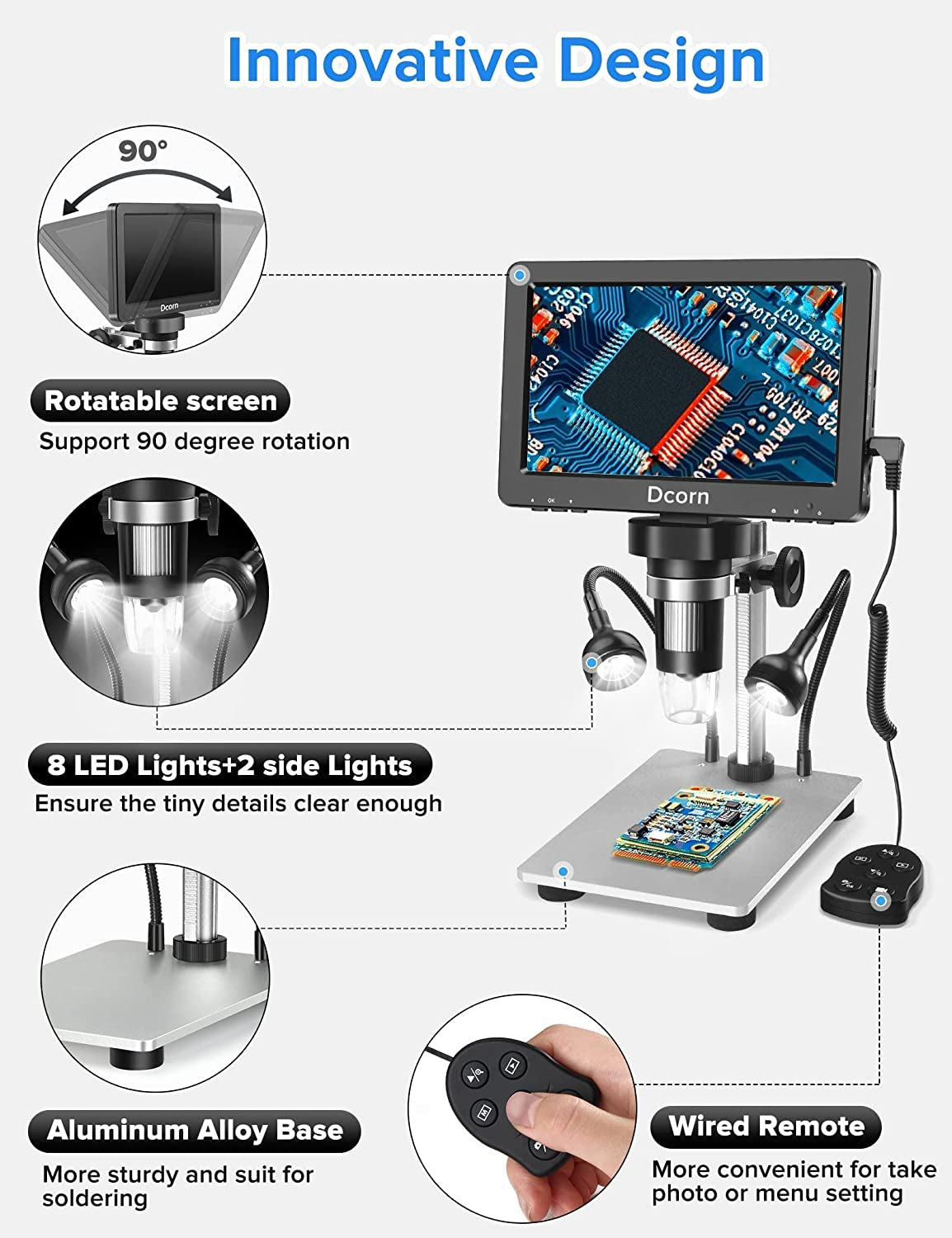 Digital Microscope 7" 1200X, 12MP 1080P Photo/Video Microscope with 32GB TF Card for Soldering, Coins, Metal Stand, Wired Remote, 10 LED Fill Lights, PC View, Windows/Mac Compatibility
