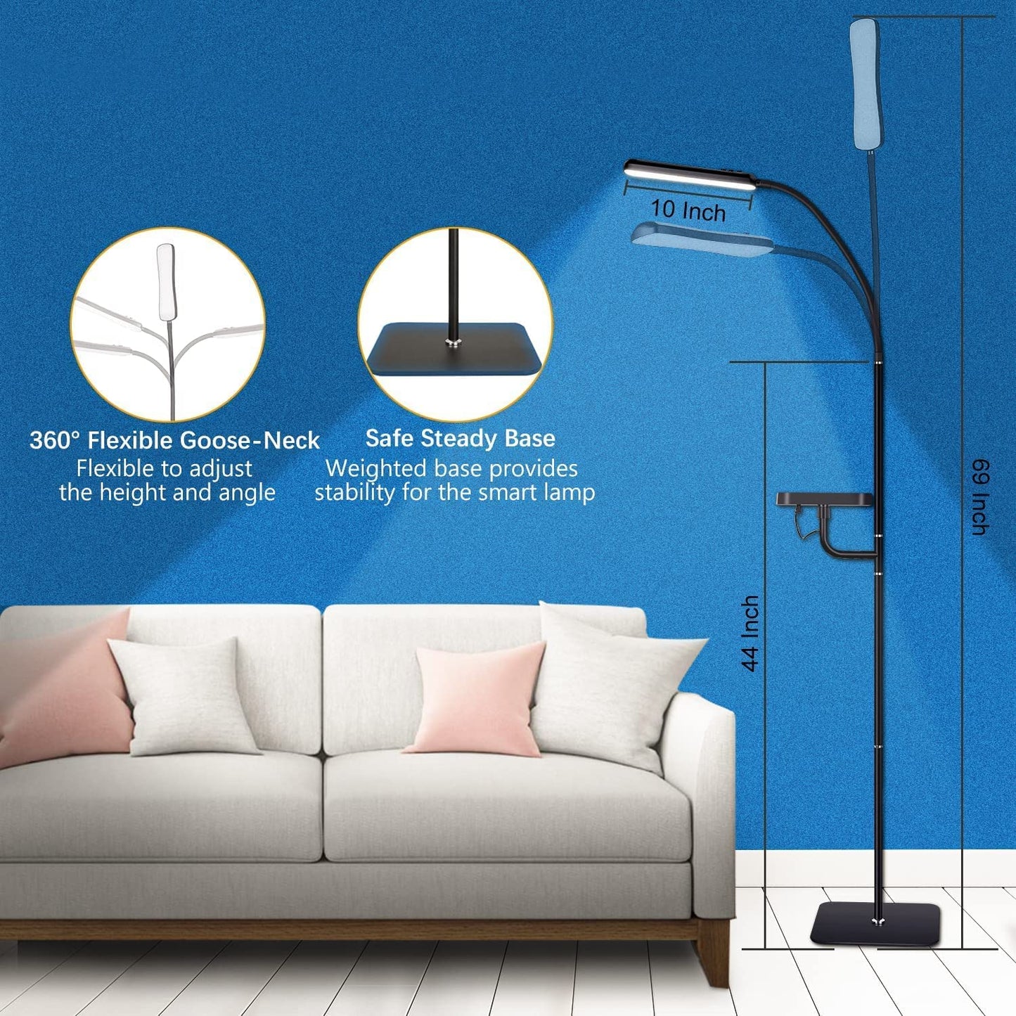 Floor Lamp with Wireless Charger, Flexible Gooseneck Standing Lamp with Timer & Memory Function, 4 Brightness Levels & 4 Colors Dimmable (2700K-6500K) for Home Office Living Bed Room Reading