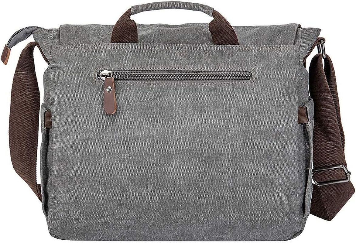 Vintage Genuine Leather and Waxed Canvas Briefcase - Large Satchel Shoulder Bag designed to hold Rugged Computer and 15.6" Laptop.