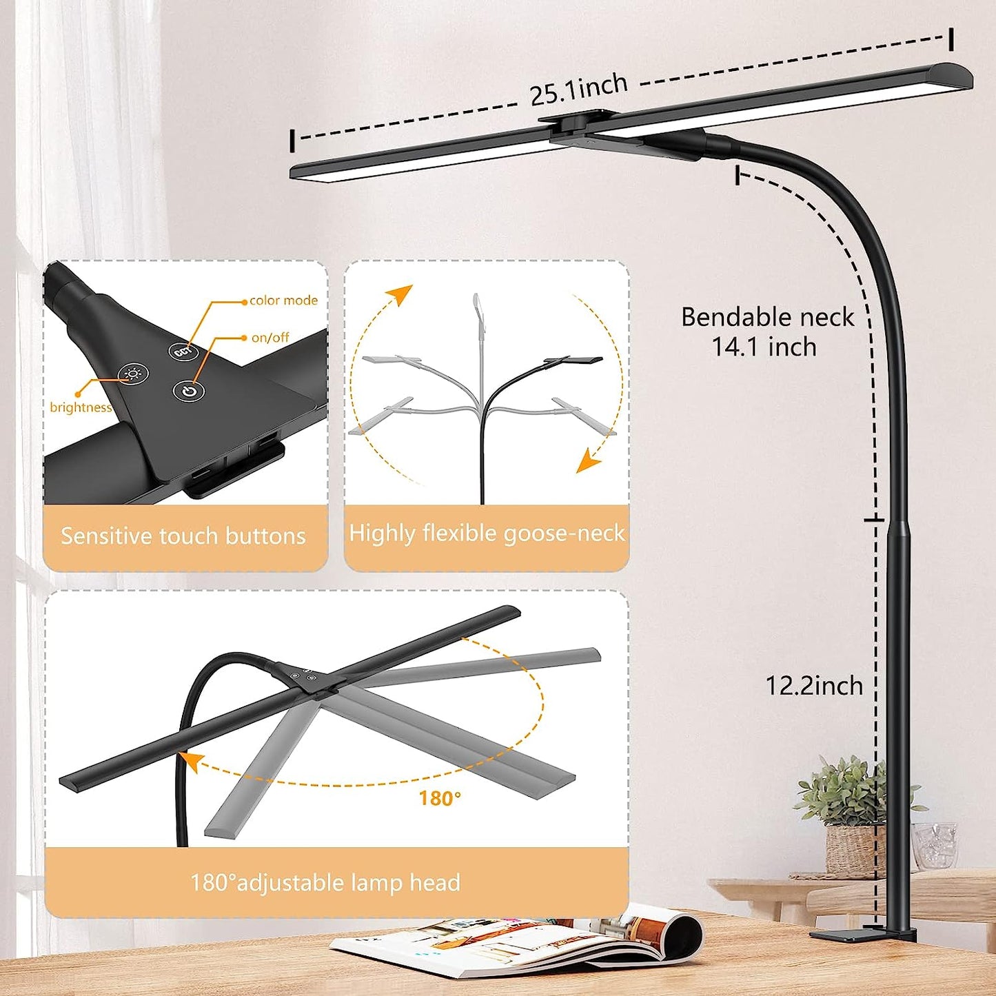 Double-Head LED Desk Lamp for Home Office, Extra Bright Workbench and Office Lighting, Eye Protection Modern Desk Light for Monitor, Studio Work, Reading, 1200 Lumens