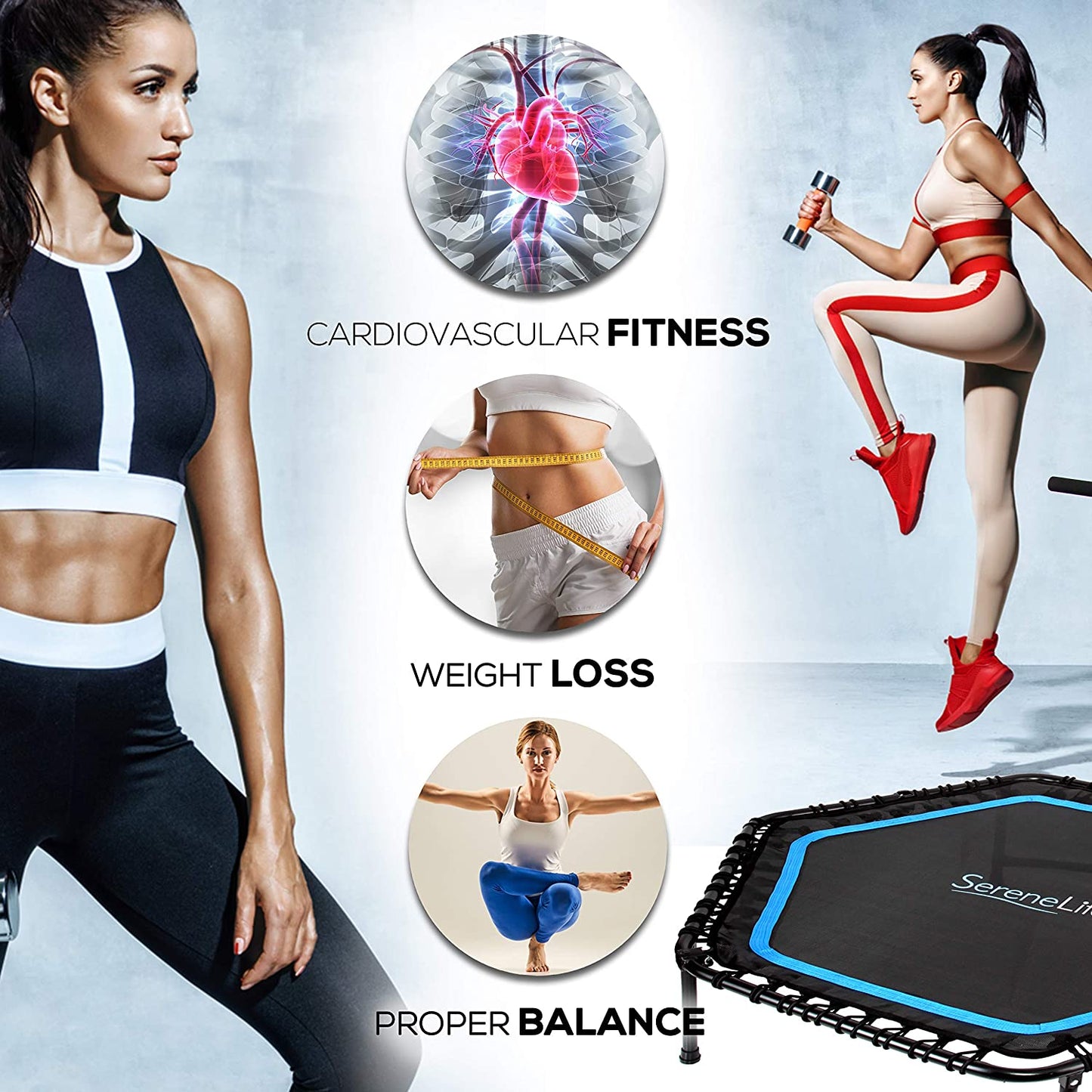 Fitness Exercise Rebounder Mini Trampoline - 48" Inch Jump Exercise Equipment with Adjustable Handle, for Adults - Ultimate Indoor/Outdoor Workout Training