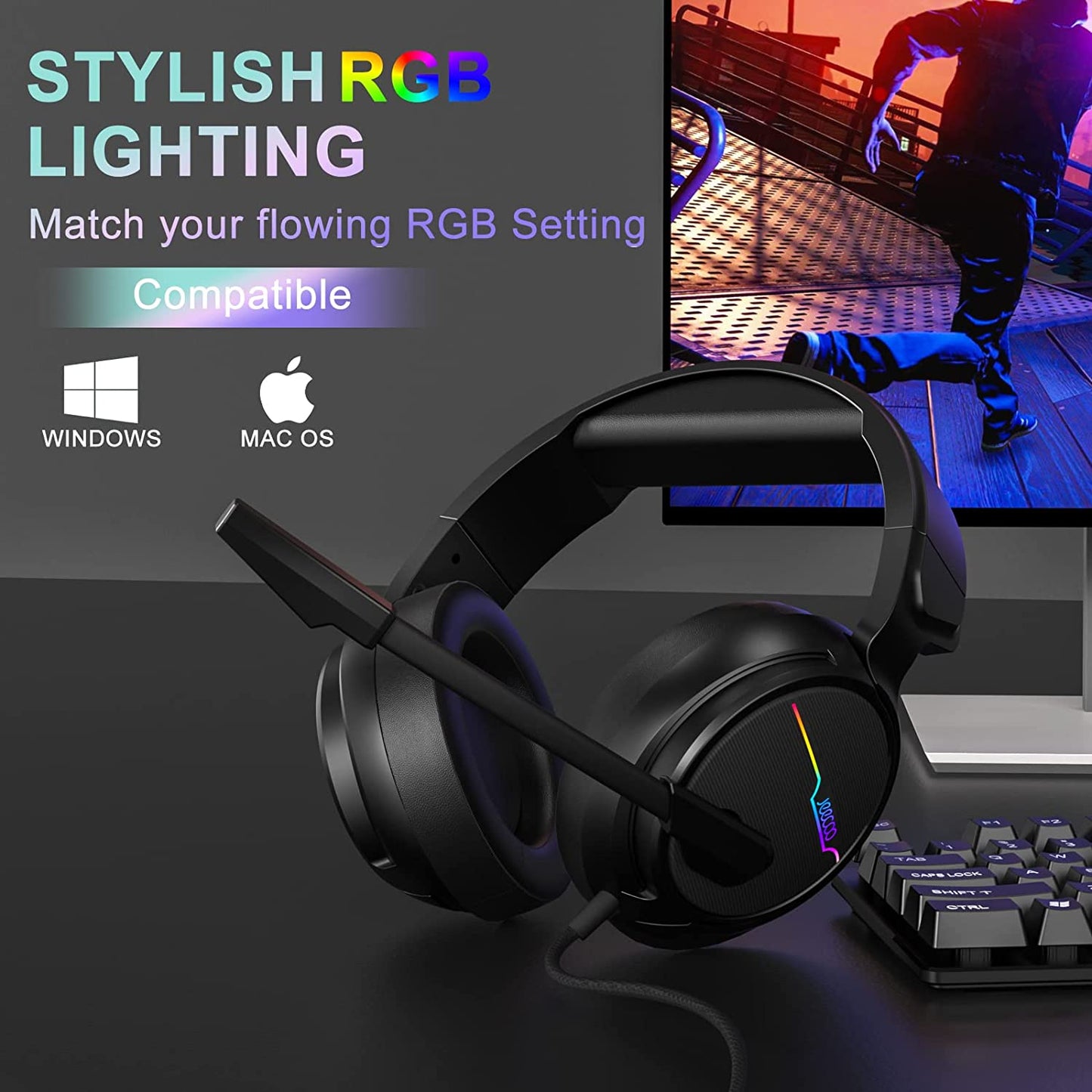 USB Pro Gaming Headset V20U for PC - 7.1 Surround Sound Headphones with Noise Cancelling Microphone. Features RGB Lights and Memory Foam Ear Pads. Compatible with Laptops.