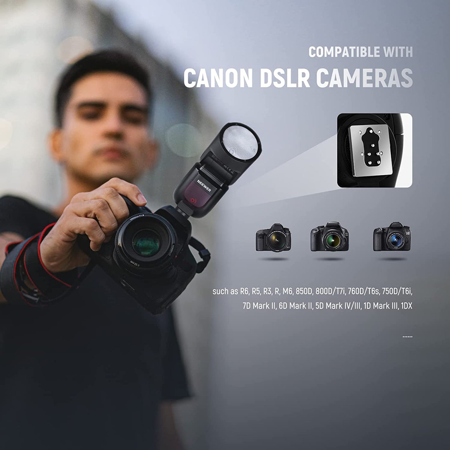 Round Head Flash Speedlite for Canon DSLR Cameras with High-Speed Sync, LED Modeling Lamp, and Long Battery Life