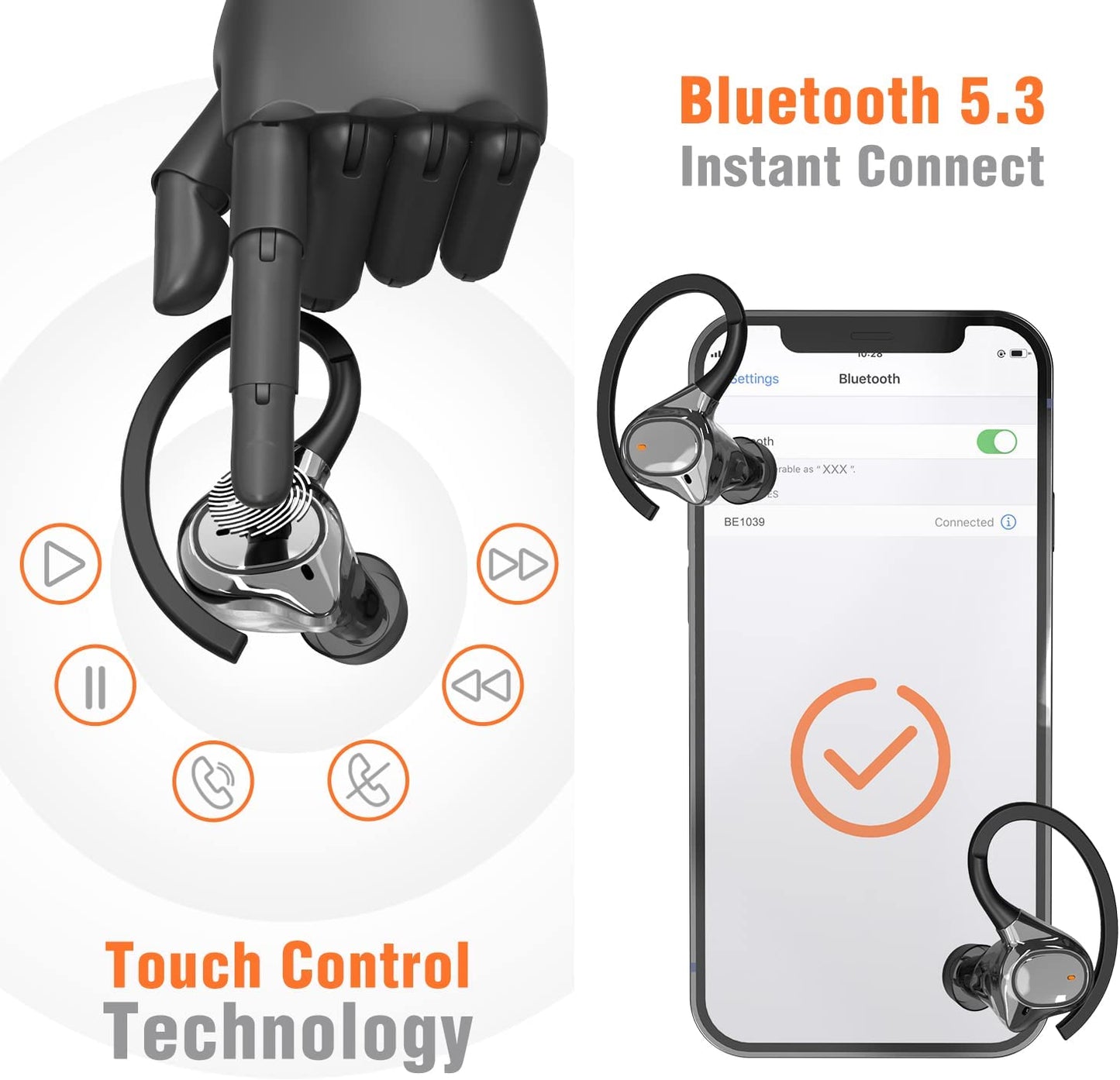 Mini Bluetooth Earbuds with Earhooks - Wireless Earbuds for Small Ears, Microphone Included, IPX7 Waterproof, 24-Hour Playtime, Ideal Wireless Earphones for Sports and Workouts