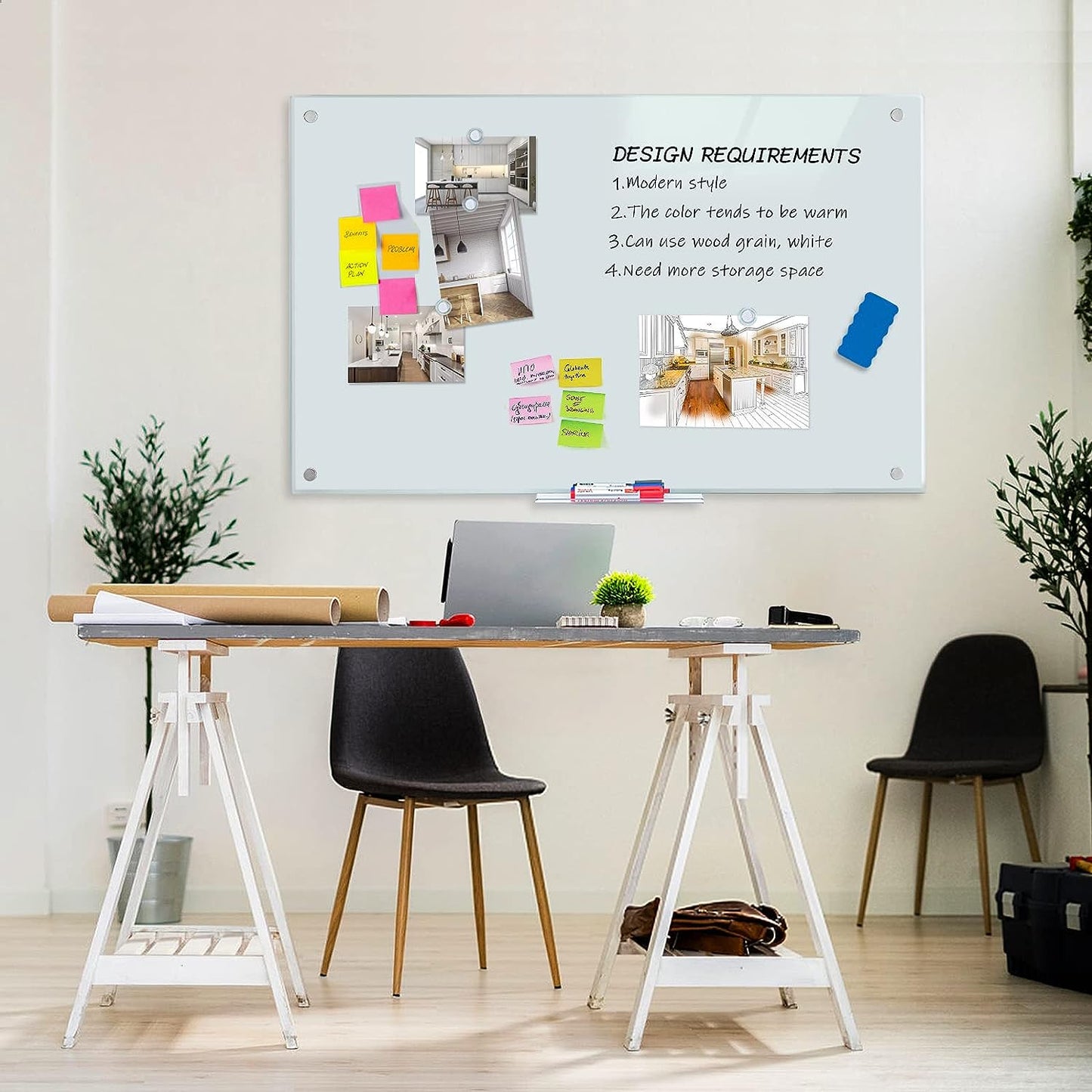 Magnetic Glass Whiteboard - 48 X 32 Inches, Frameless White Glass Board for Interactive Office Wall, Includes Marker Tray