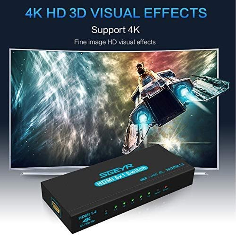 5 Port HDMI Switcher with Upgraded Remote Control - Supports 4K 30Hz Ultra HD, 3D, and HDCP 1.4