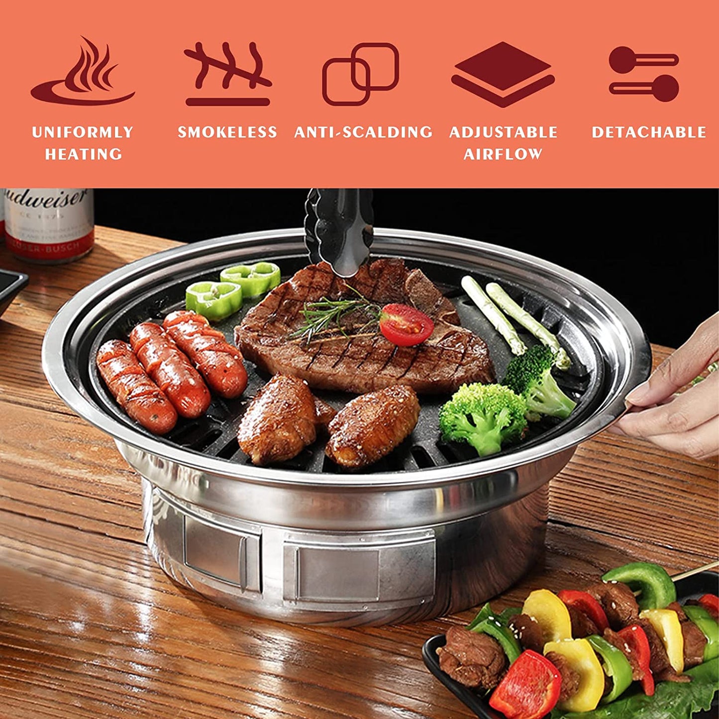 Portable Stainless Steel Charcoal Stove - 13.7 Inches Non-Stick Korean BBQ Grill for Home Parties, Outdoor Camping, and More
