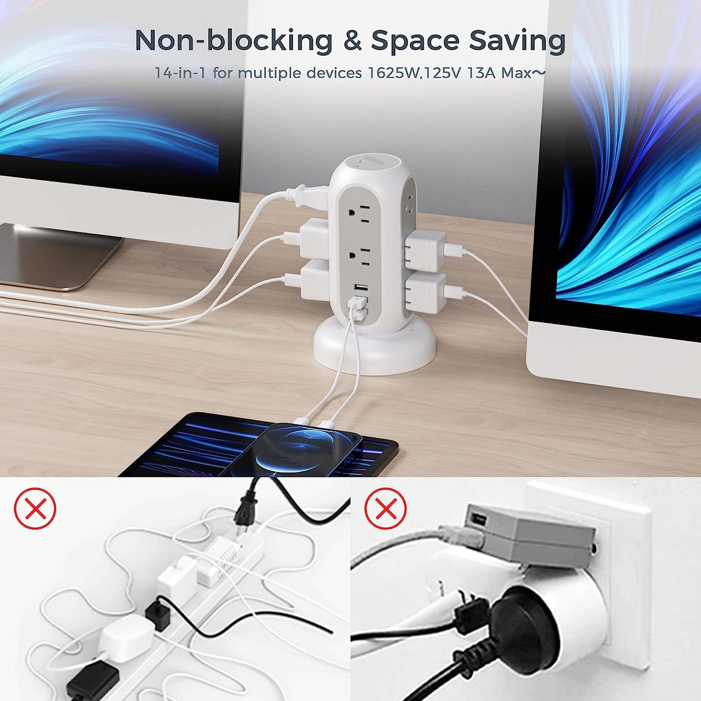 Retractable Flat Plug Power Bar Tower with 11 Outlets, 3 USB Ports, and Surge Protection - 5 Feet Indoor Flat Extension Cord for Home Office, Desk Accessories, and Dorm Essentials