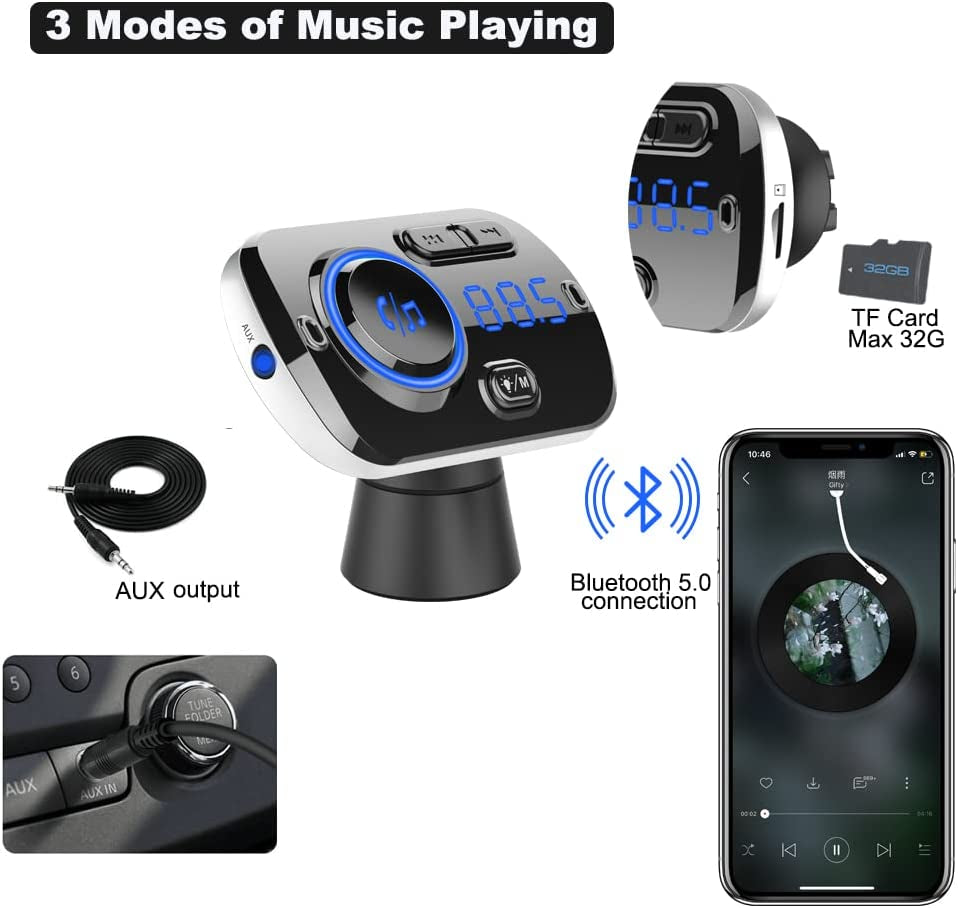 Bluetooth 5.0 Car FM Transmitter with 7 Color Light, QC3.0/2.4A USB Car Charger, Siri and Google Assistant, Handsfree Mp3 Player