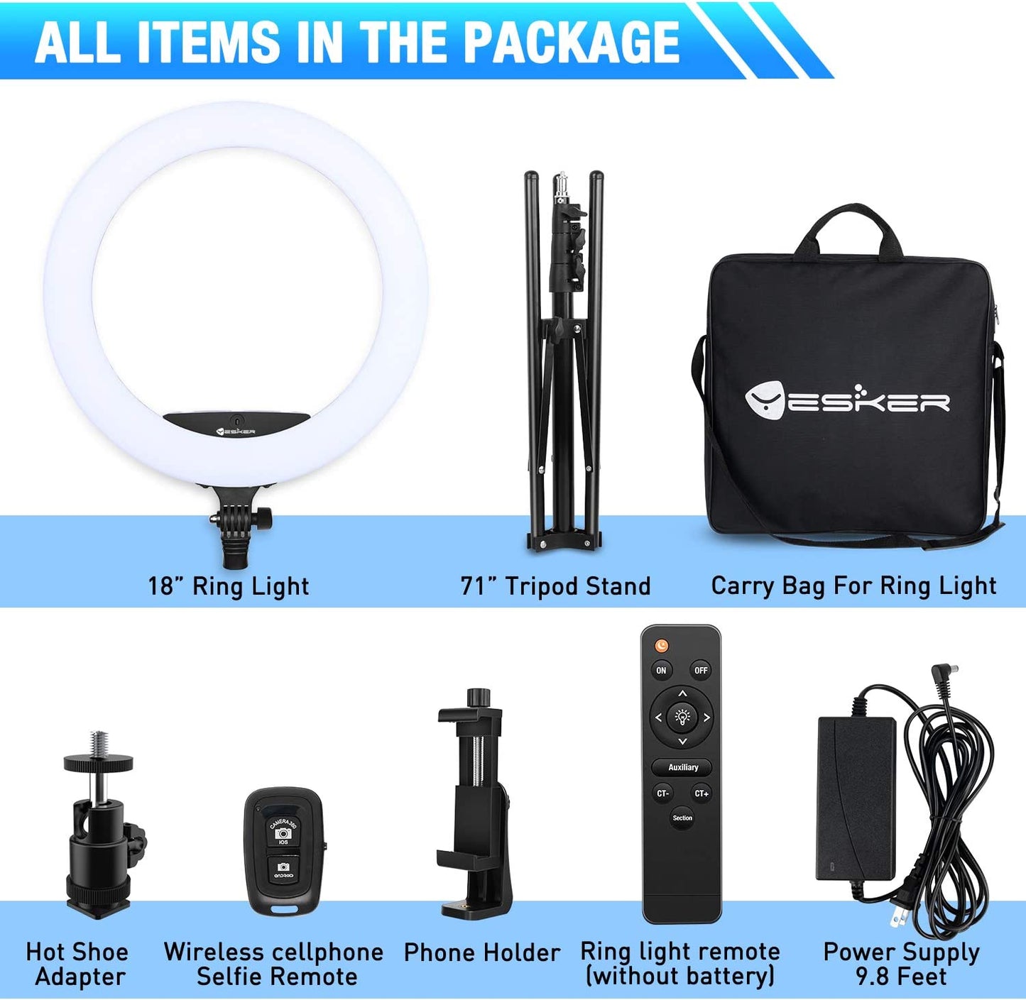 18" Ring Light with Wireless Remote and LCD Screen - Includes Tripod Stand - Features 65W LED Ringlight - Bi-Color Adjustable from 3200K to 5500K - Ideal for Portrait Photography, Live Streaming, TikTok Videos, Zoom Meetings, and Online Teaching.