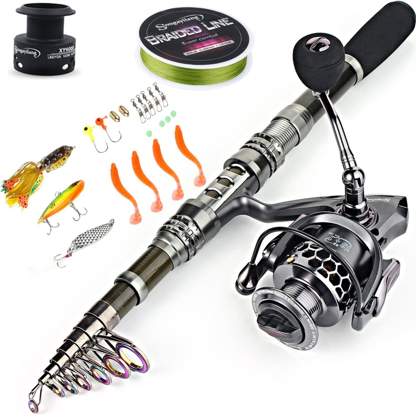 Fishing Rod Combos with Telescopic Pole, Spinning Reels, and Travel Bag for Saltwater and Freshwater Fishing
