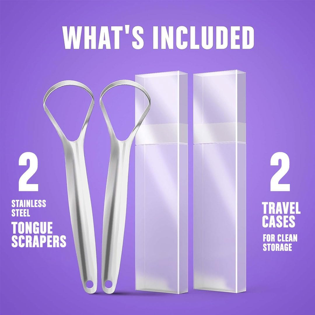 Stainless Steel Tongue Scraper (2 Pack) for Fresher Breath, Effective Bad Breath Reduction, 100% BPA Free Tongue Cleaners