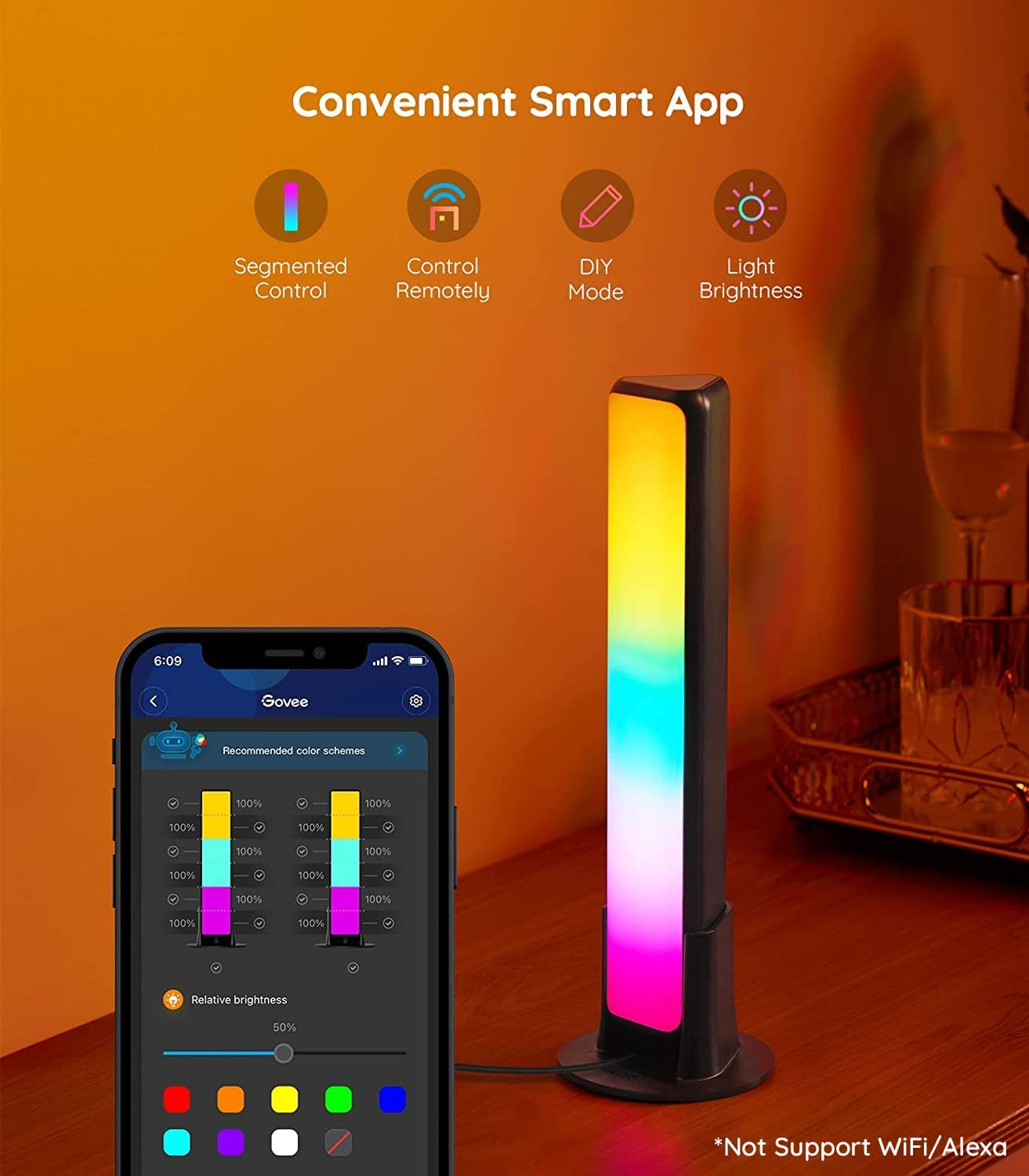 Compact RGBICWW smart LED light bars offer 12 scene modes, music modes, and Bluetooth connectivity. They are perfect for enhancing entertainment setups, PCs, TVs, and room decor. Please note that these light bars do not support WiFi or Alexa.