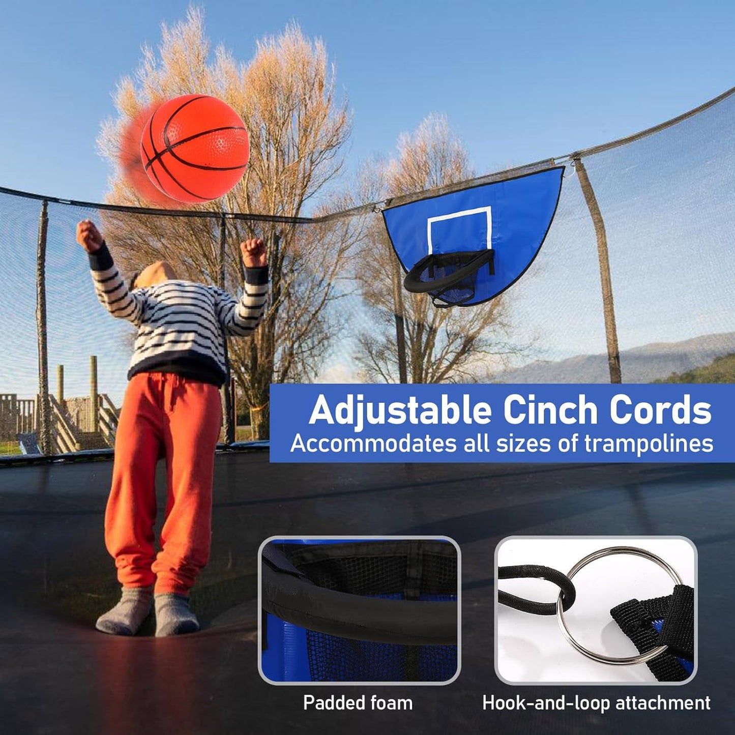 Durable Trampoline Basketball Attachment with Breakaway Rim, Waterproof Design, and Inclusive Mini Balls and Pump - Perfect for Indoor and Outdoor Use by Kids and Teens