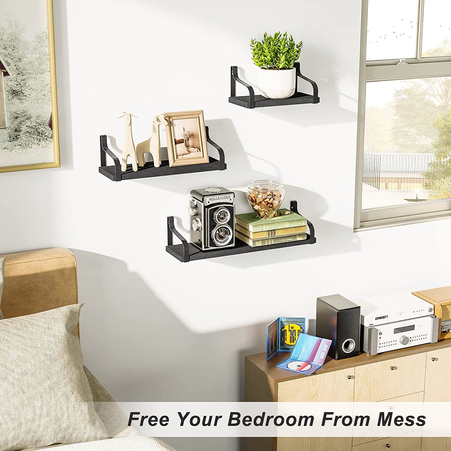 Set of 3 Floating Shelves - Wall Mounted - Rustic Wood Design - Suitable for Bedroom, Living Room, Bathroom, and Kitchen - Color: Black - Adds Stylish Wall Storage.
