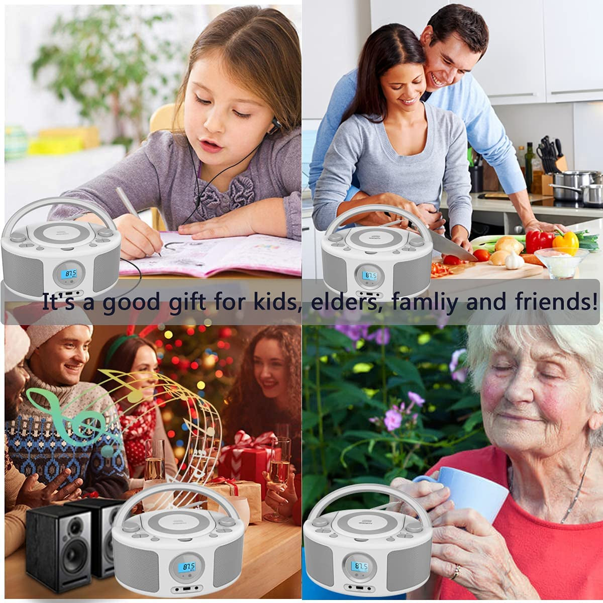 Portable CD Player Boombox with Bluetooth, FM Radio, USB Input and AUX Headphone Jack, CD-R/CD-RW/MP3/WMA Playback, AC/DC Operated